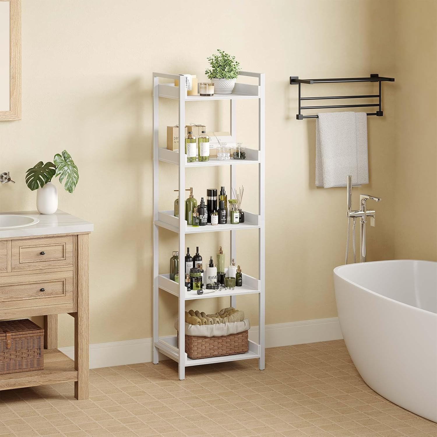 Rolanstar Bookshelf, 5-Tier Storage Rack, Narrow Corner Bookshelf, Display Wooden Shelves for Living Room, Bathroom, Balcony, Kitchen,White