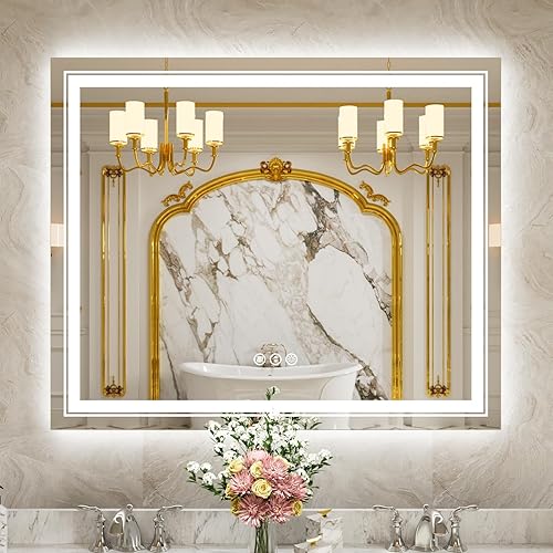 Espejo de baño LED de 48 x 36 pulgadas con retroiluminación RGB y luz frontal, espejo LED regulable continuo para baño, espejo de tocador de baño