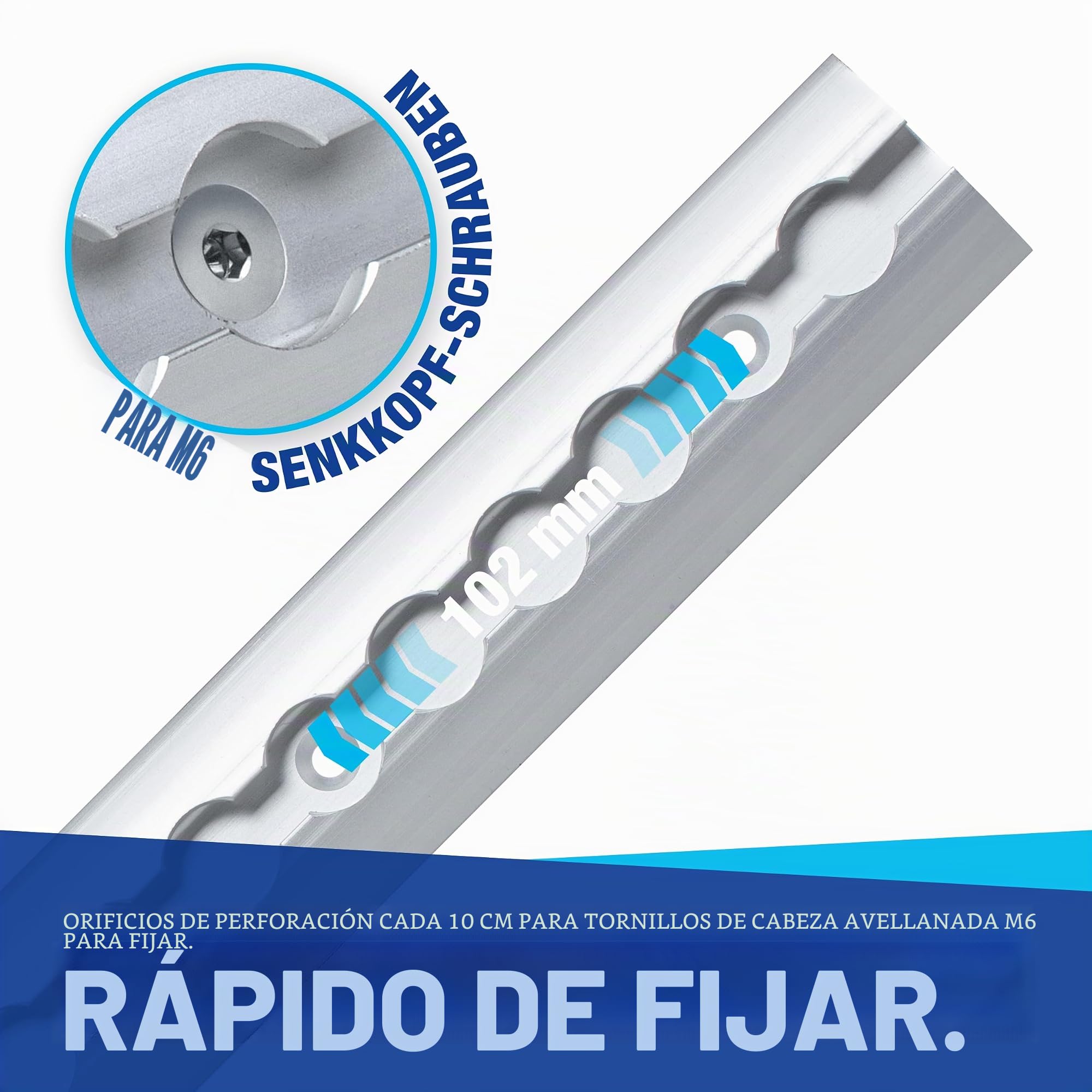NTG - Riel de anclaje de aluminio de 4 x 1 m, forma semiredonda, con perforaciones, 1 m - 1000 mm, set de iniciación, con 20 conectores de aluminio y 8 tapas