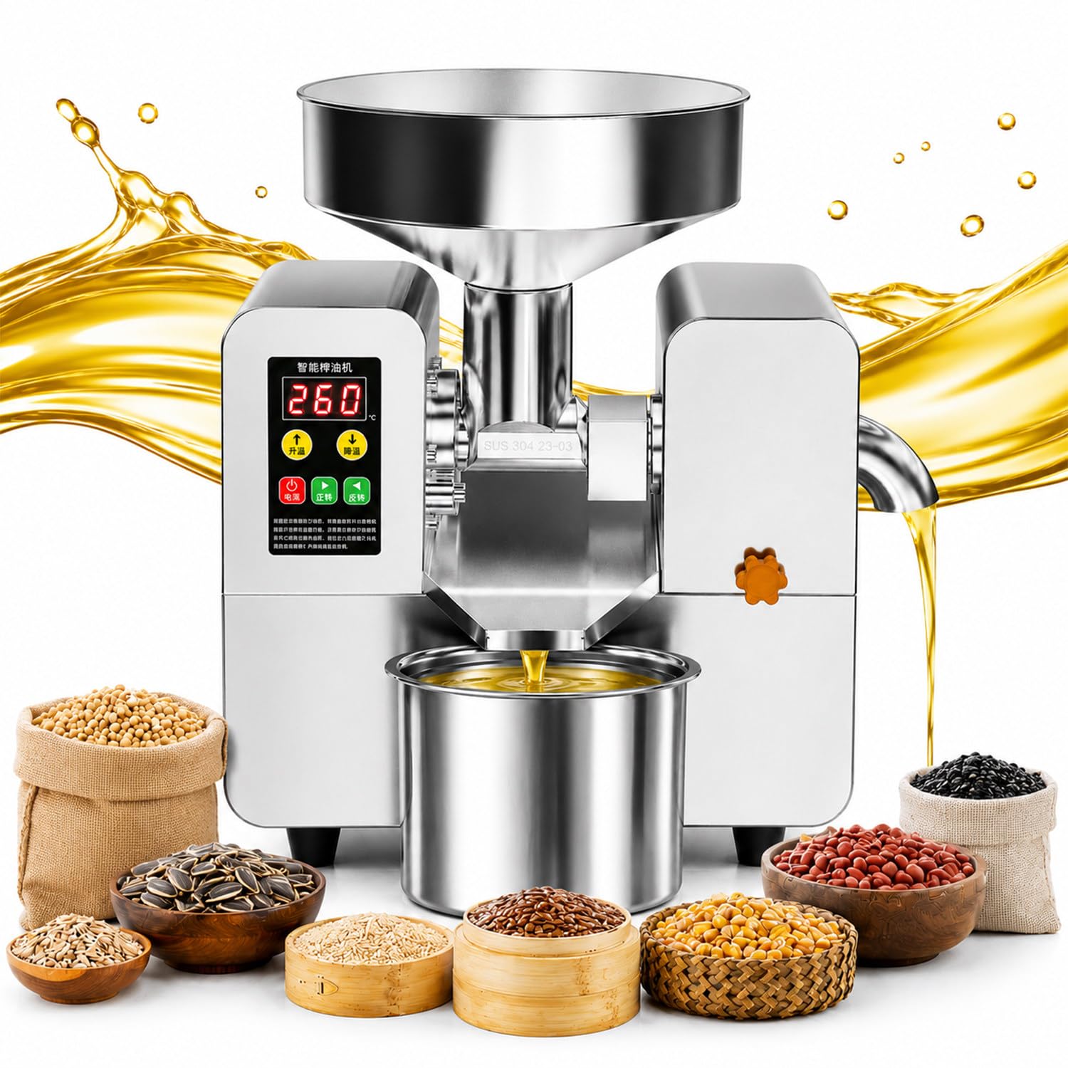 Oil Press, Spremi Olive, Pressa per Olio, Macchina per Olio, Frantoio Olive | 5–9 Kg/H, Regolabile 40–300°C, Pressatura A Caldo E A Freddo, Funzione Di Inversione Automatica, Per Semi Oleosi