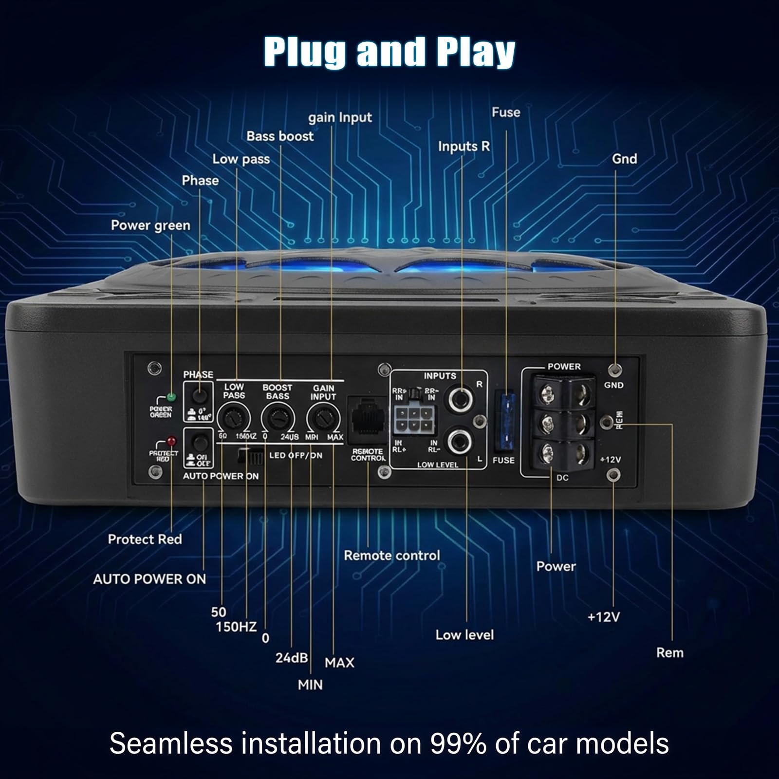 CAMECHO Subwoofer Ultraplano 1200W 70mm Bajo Asiento para Coche con Alimentación: Subsistema con Amplificador Integrado, Entrada de Alto y Bajo Nivel y Control de Volumen para SUVs y Camiones