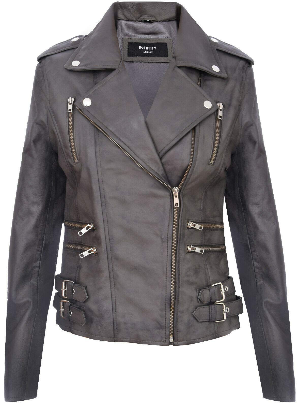 Infinity Leather Women's Grey Retro 100% Nappa Leather Biker Jacket L