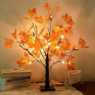 22 Inches Artificial Fall Lighted Maple Tree with 24 LED Lights Battery Operated Autumn Tabletop Light Up Maple Leaf Tree for Thanksgiving Autumn Harvest Indoor Home Decorations
