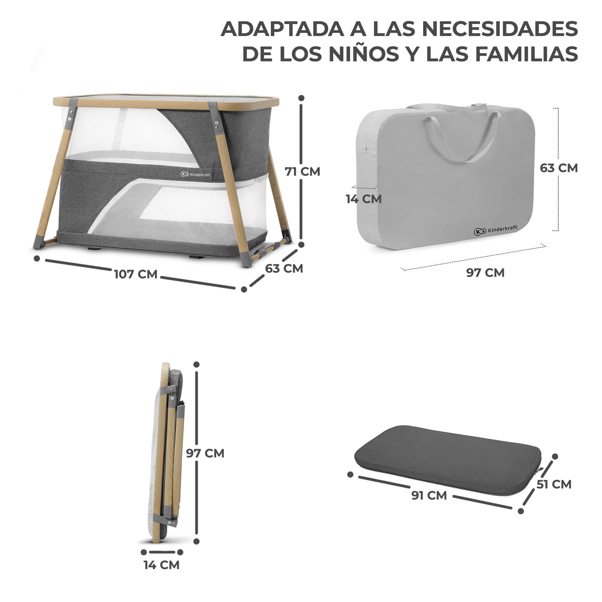 kk Kinderkraft Cuna de Viaje Plegable SOFI, 4 en 1, Colecho, Función Balanceo, Gris