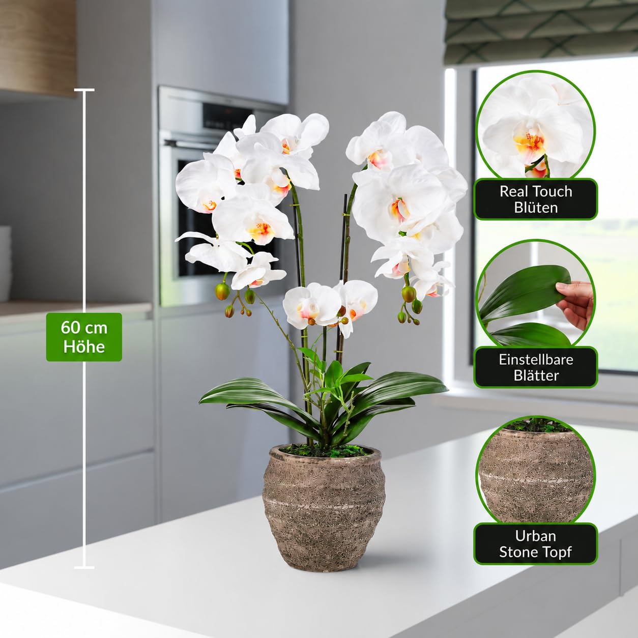 PASCH® Orchidées artificielles (60 cm) dans un pot cube en pierre fait à la main - Fleurs artificielles comme de vraies orchidées artificielles en pot - Fleurs artificielles en pot - Orchidée