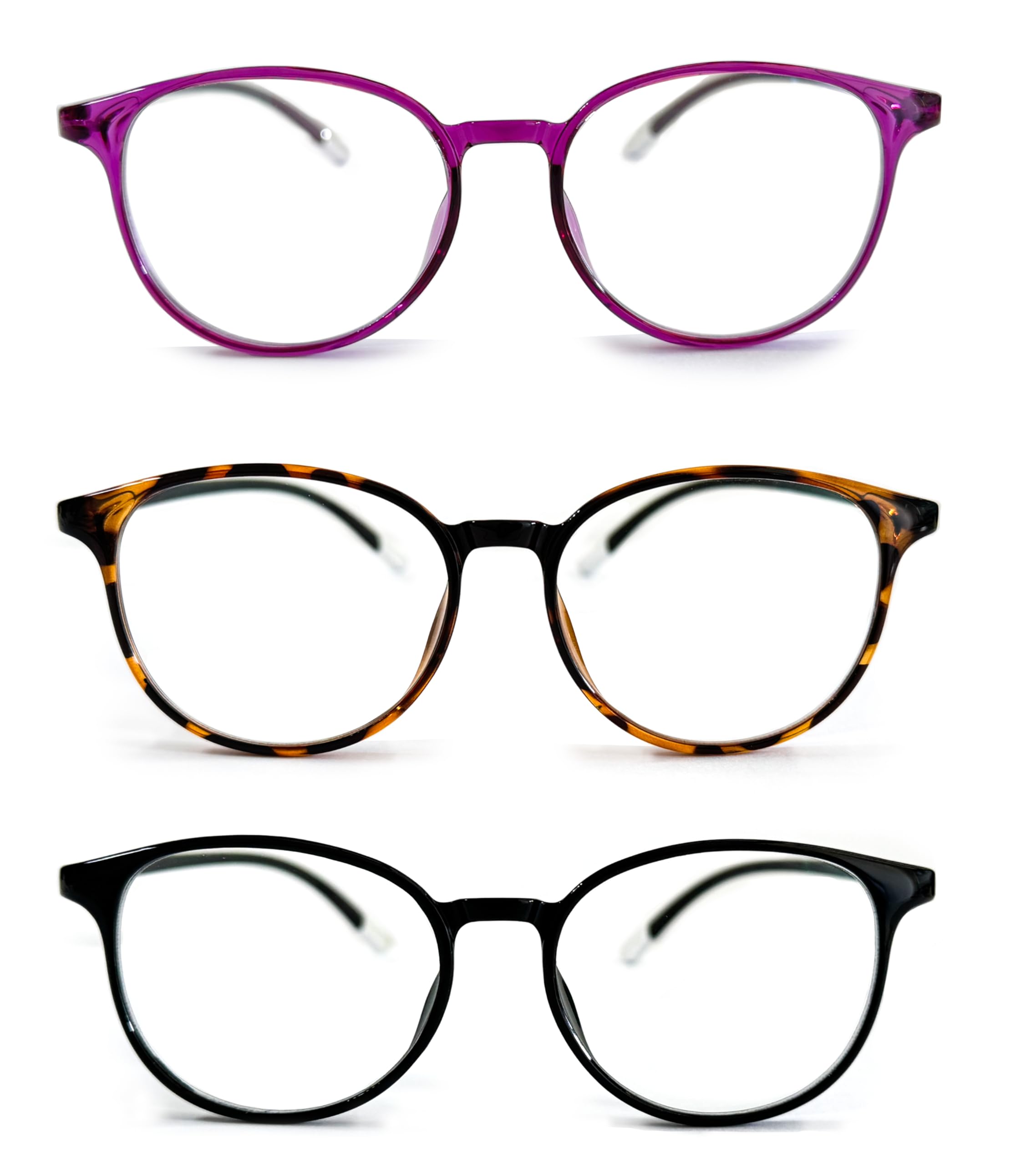 Lumiha 3 Pack Reading Glasses for Men Women, Spring Hinges Lightweight Readers Glasses, Anti Eyestrain, Black/Tortoise/Purple