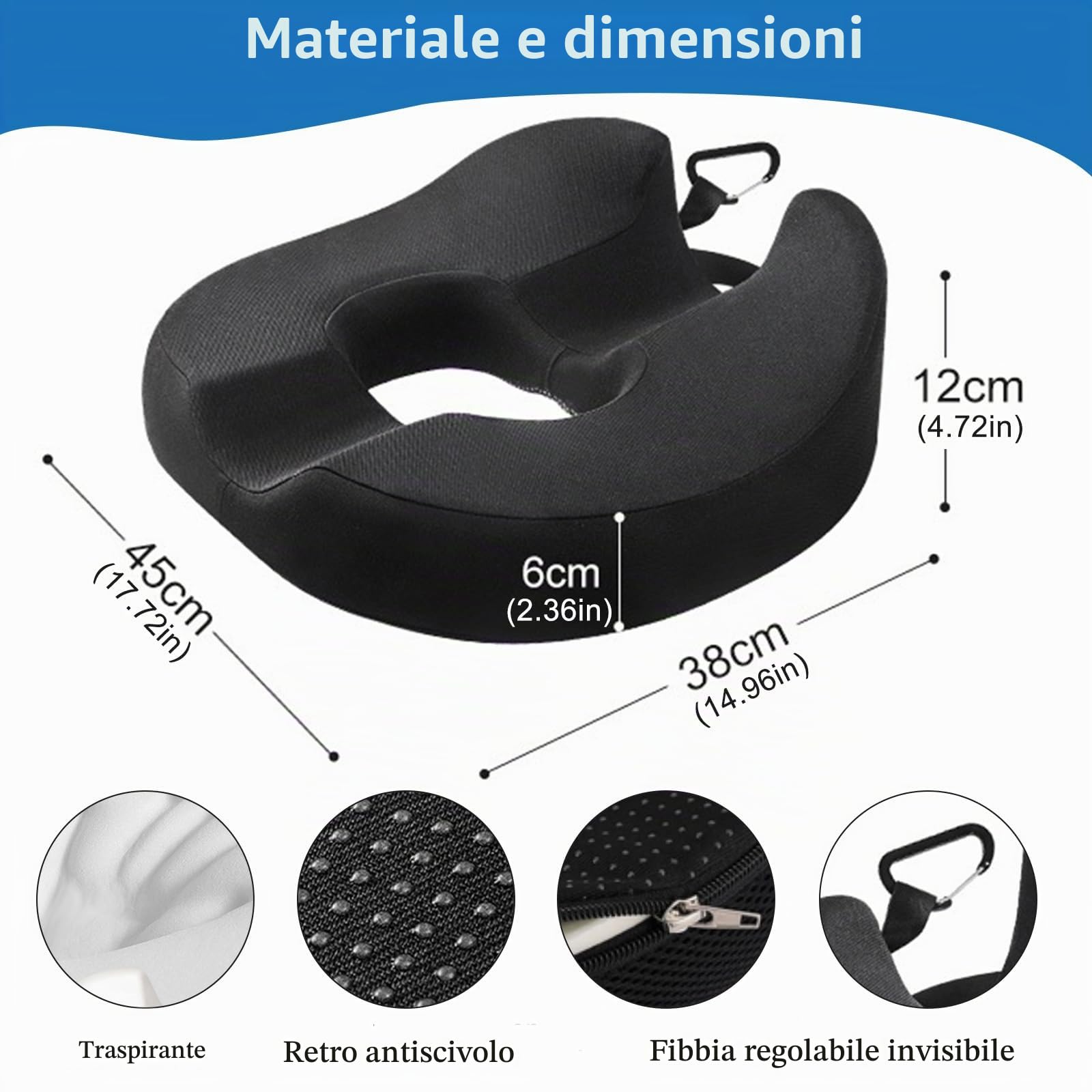 Cuscino a Ciambella per Emorroidi e Coccige, Memory Foam | La forma a U, Rivestimento in Poliestere Traspirante, Per Ufficio e Auto, Fodera Lavabile in Cotone, Nero, 38x45cm