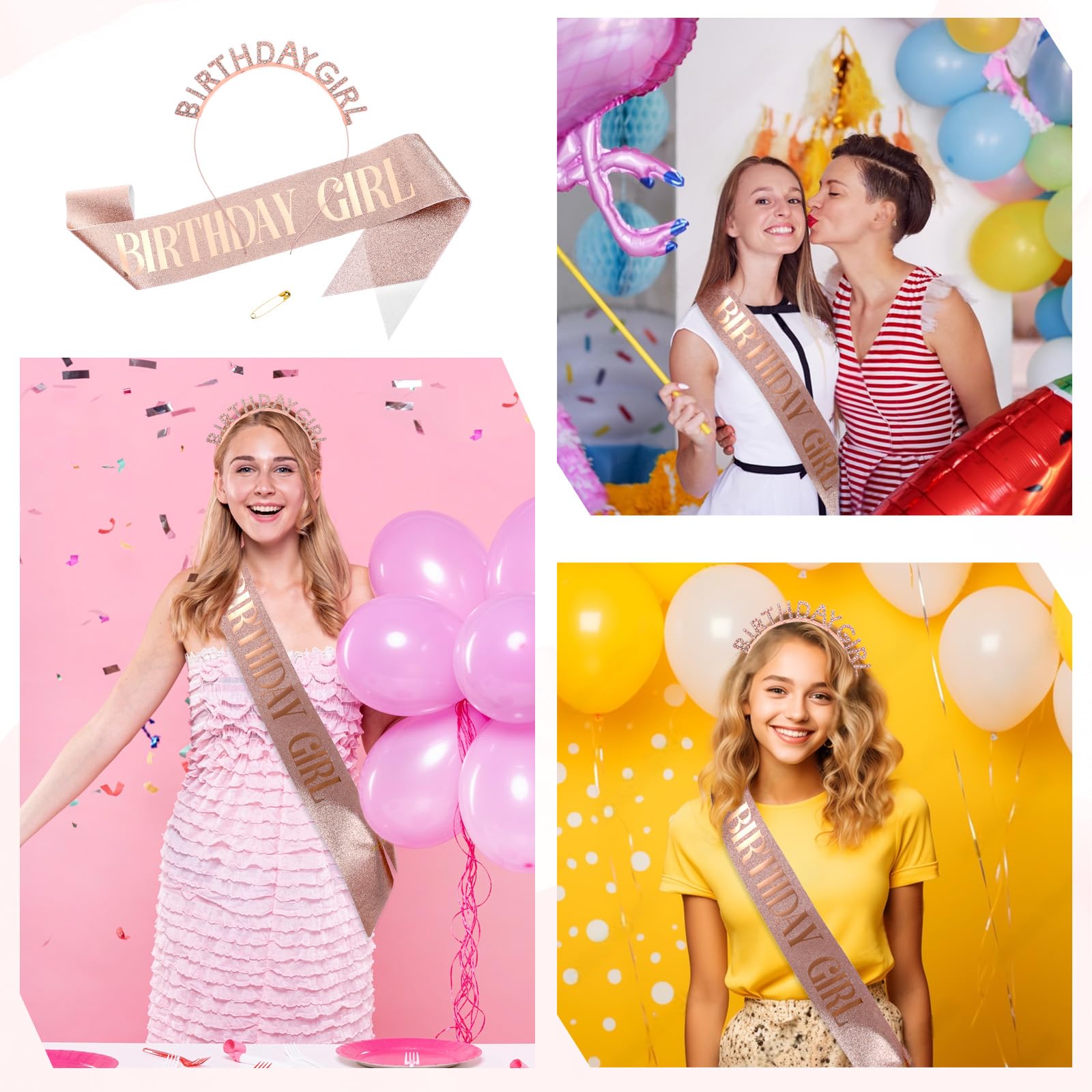 Korona urodzinowa dla dziewcząt, szarfa błyszcząca szarfa urodzinowa "birthday girl", szarfa dla dziewcząt, dla kobiet, na uroczystości, imprezę, bal absolwentów, dekoracja Happy Birthday, na