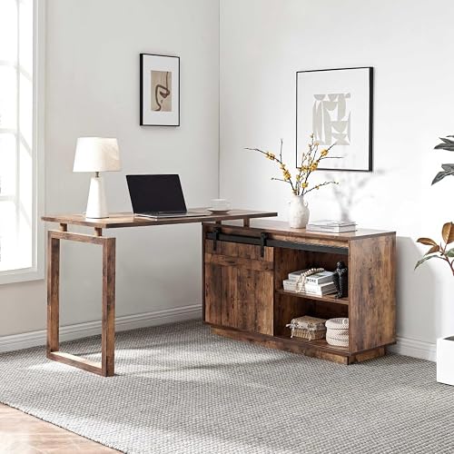 Hassyee L-Shaped Home Office Workstation Desk with Attached Storage Credenza