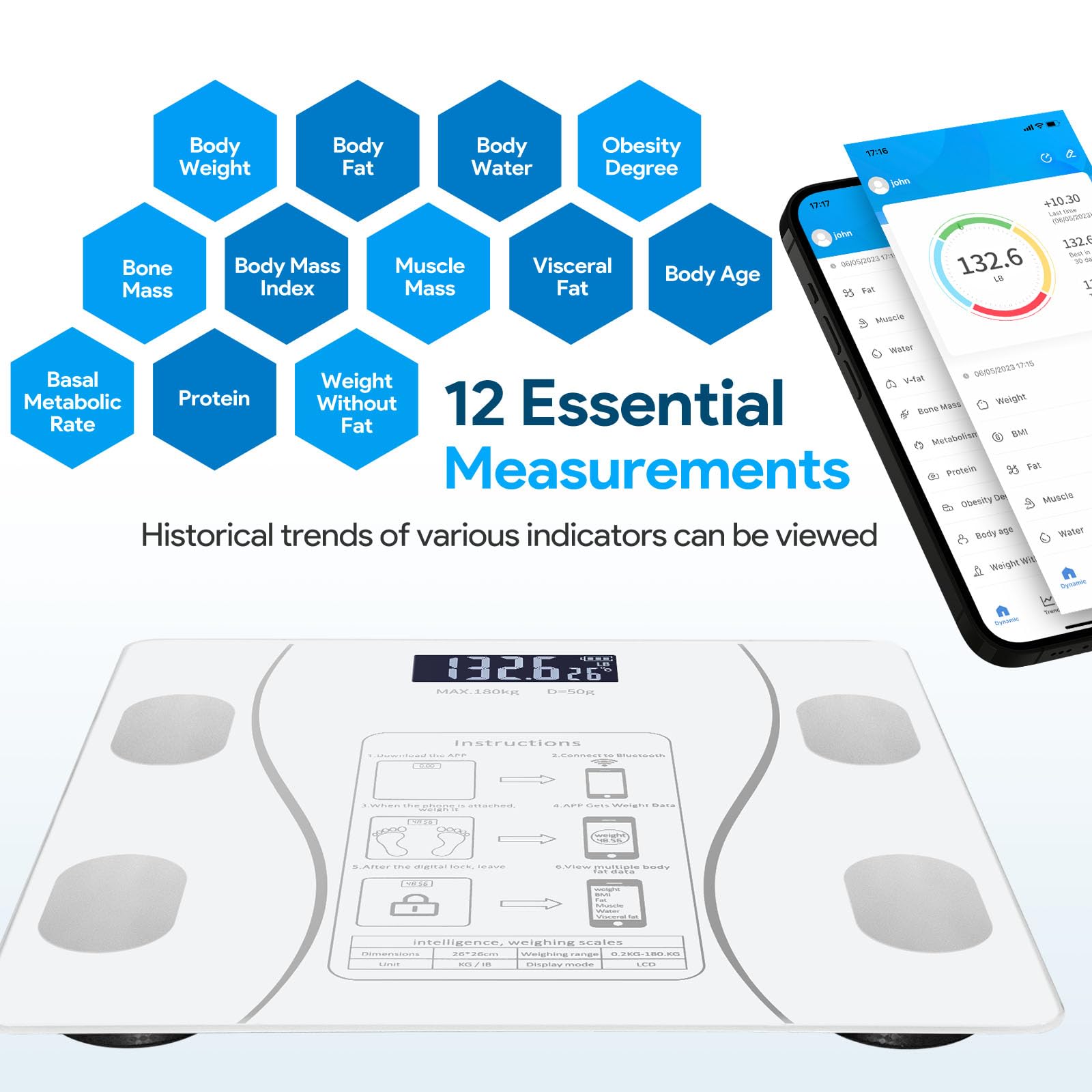 Bilancia intelligente per il grasso corporeo con display a LED, bilancia digitale da bagno con Bluetooth, misurazione accurata della composizione corporea, massa muscolare, BMI e analisi dell'acqua