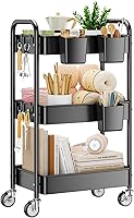 YASONIC 3 Tier Metal Rolling Cart with Wheels, Hooks & Cups - Heavy Duty 110 lbs Utility Storage Organizer for Kitchen, Office, Crafts