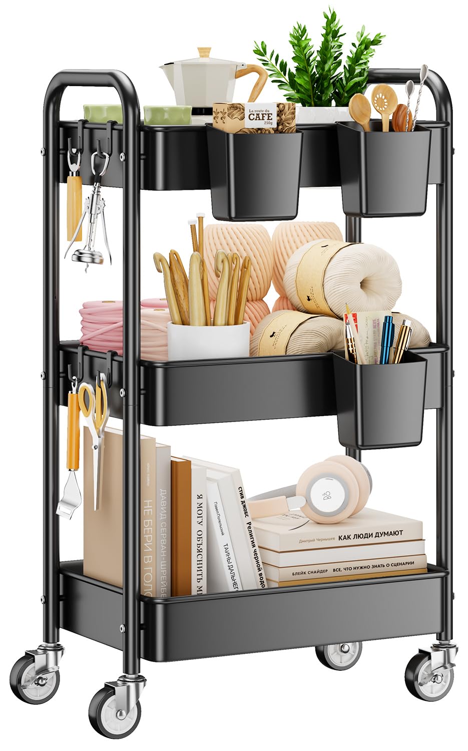 YASONIC 3 Tier Rolling Cart - Metal Utility Cart with Wheels, Hanging Cups, Hooks, Heavy Duty Mesh Rolling Storage Cart Organizer, Craft Cart for Kitchen Office, Lightweight and Sturdy