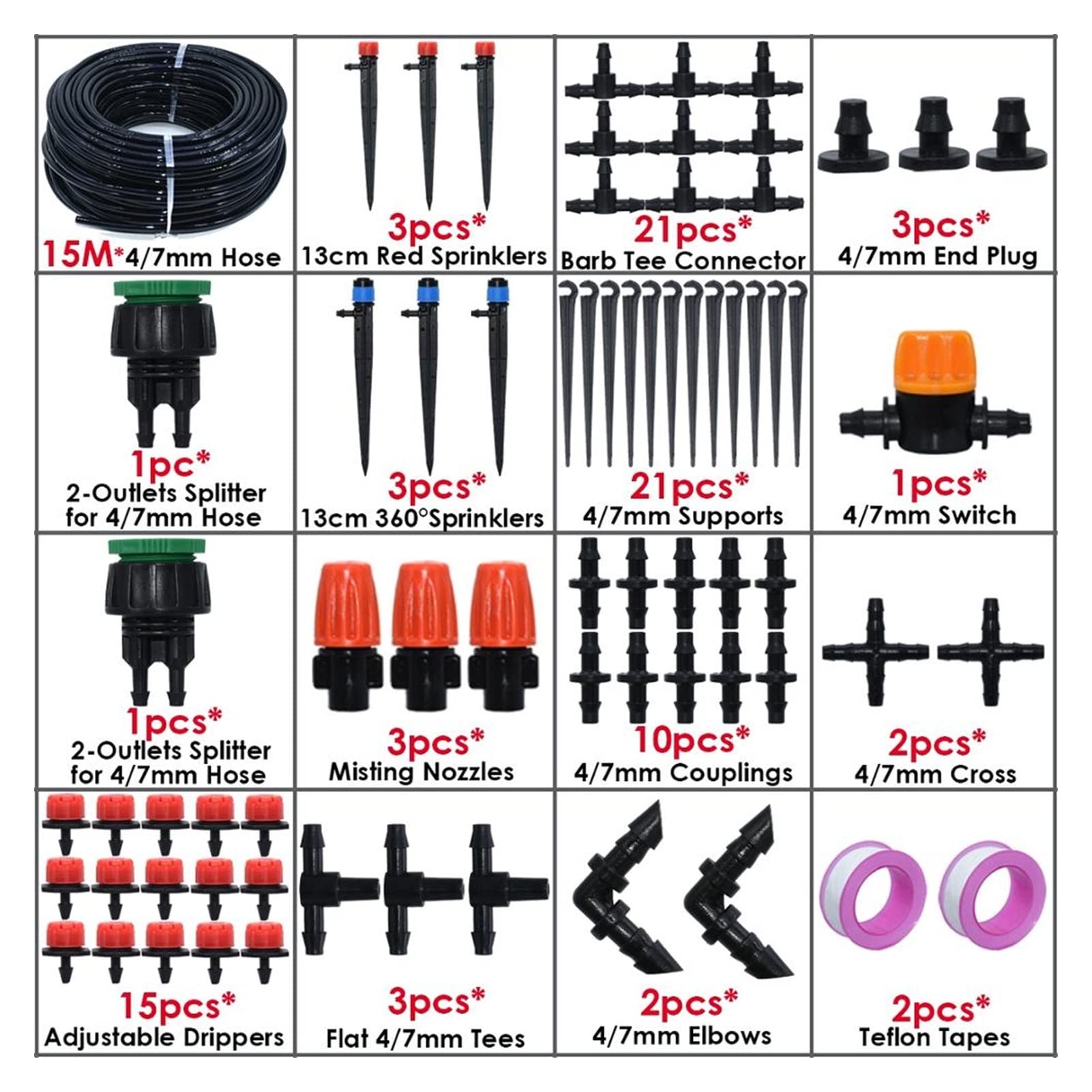 Zestaw do nawadniania kropelkowego 5-50 m DIY Micro Drip System nawadniania 4/7 mm Automatyczny nawadnianie roślin 8/4/2 Outlet Diverter Garden Hose Kit Regulowany Dripper (Kolor: KSL01-KIT290-15M)