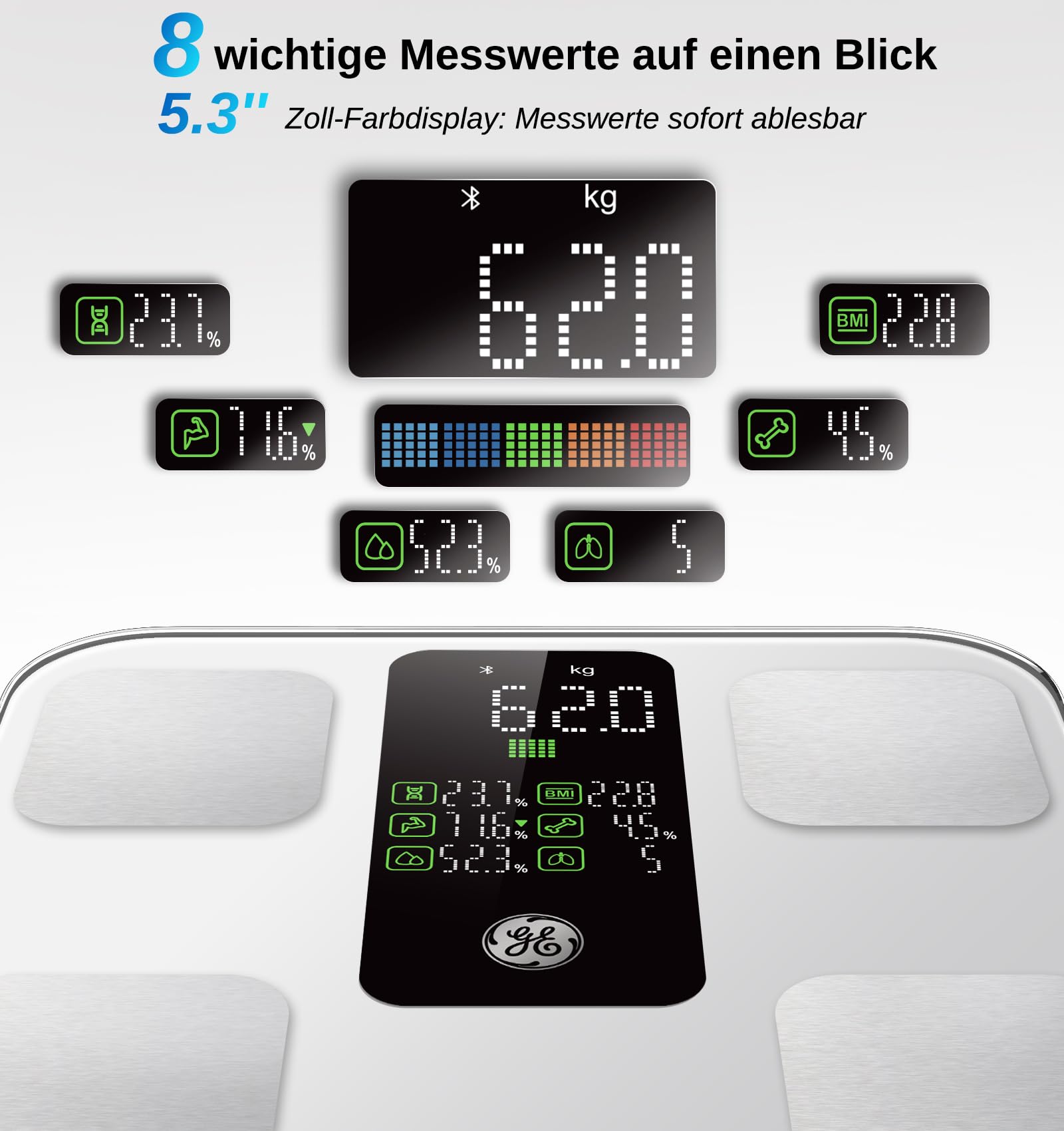 GE Bilancia pesapersone digitale con grande display, bilancia intelligente con grasso corporeo e massa muscolare, con app, 14 misure corporee, BMI, Bluetooth, fino a 180 kg, bianco