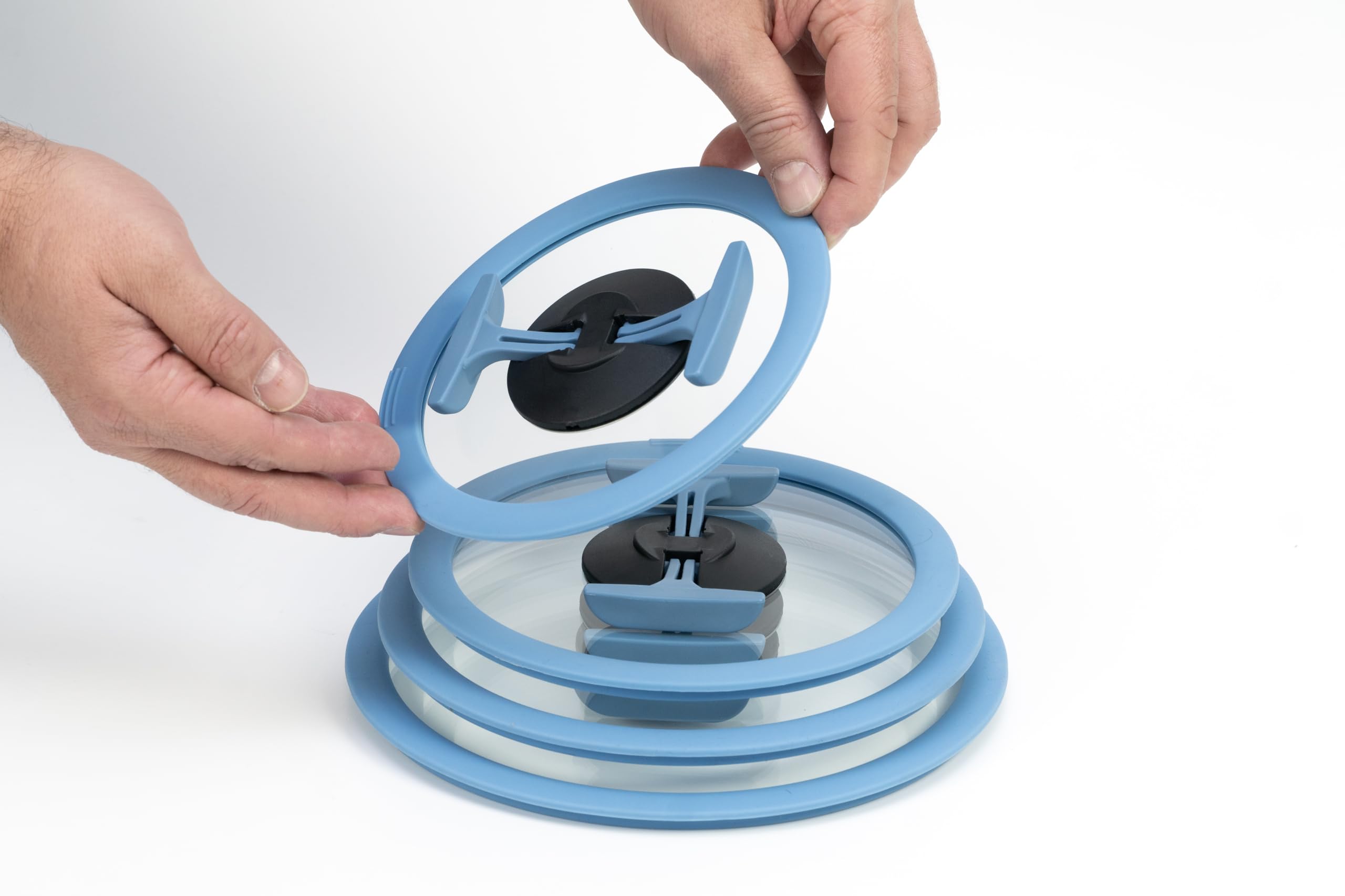 Set di pentole per famiglia, 17 pezzi, 4 pentole in acciaio inox per tutti i piani cottura, 3 coperchi in vetro, 2 padelle, 2 manici, salvaspazio, accessori innovativi (blu)
