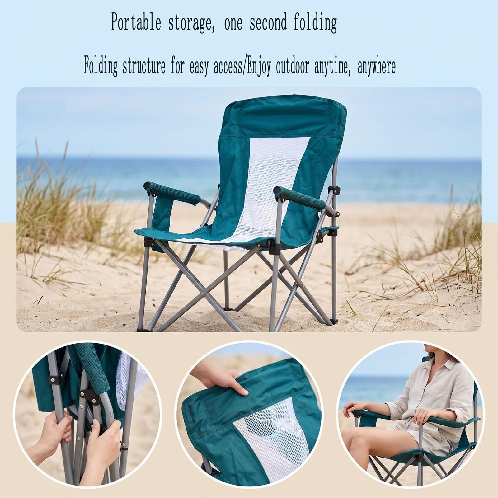 Chaise de Camping Pliable Surdimensionnée Portable avec Porte Gobelets et Accoudoirs Cadre Stable pour Extérieur Intérieur Camping Pêche Couleur Noir Gris D