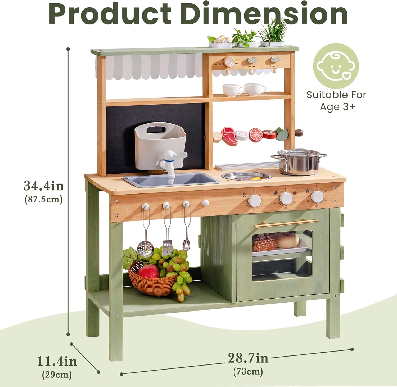 Diagram showing the dimensions of the ROBOTIME Mud Kitchen: 34.4 inches height, 28.7 inches width, and 11.4 inches depth. Suitable for age 3+.