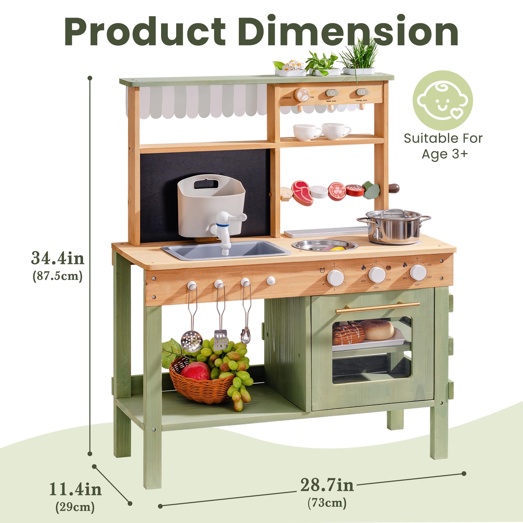 ROBUD Hölzerne Matschküche für Kinder, 17 PCS Pretend Play Kitchen Set mit Wasserspüle, Tafel & Küchenzubehör, Outdoor-Spielzeugküche für BBQ, Küchen-Spielset für Kleinkinder ab 3 Jahren