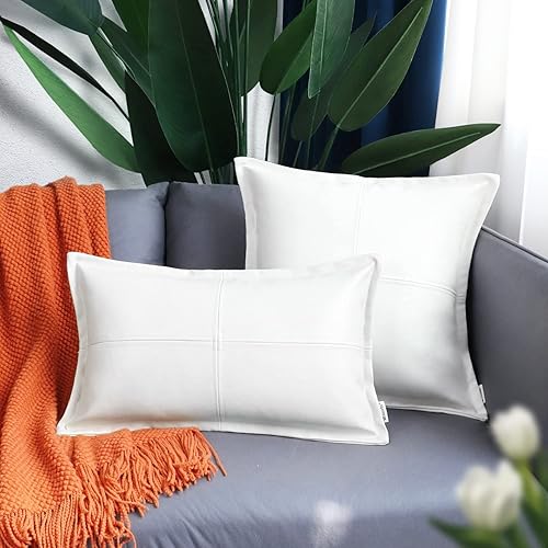 Miniatura 3 de BRAWARM Almohada Decorativa de Cuero Blanco de 12 x 20 pulgadas, Funda de Almohada de Cuero Sintético con Ribete, Fundas Decorativas de Almohada