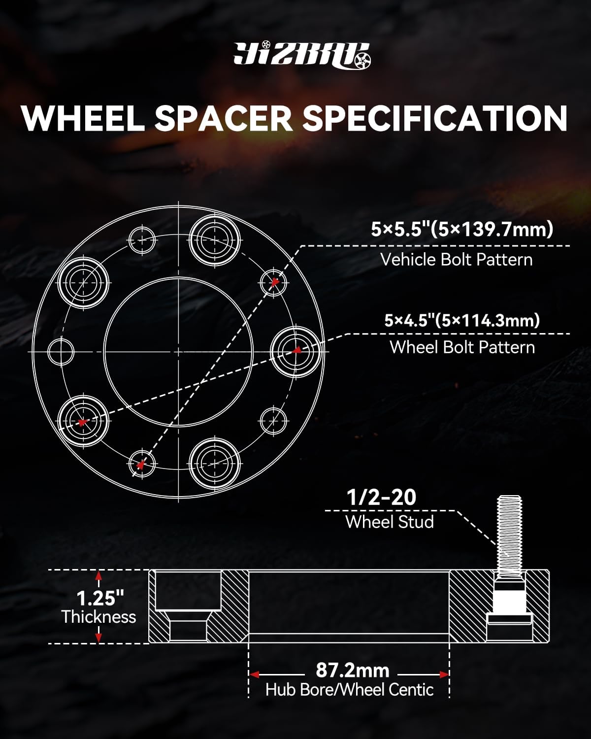 YIZBAP 5x5.5 to 5x4.5 Wheel Adapter, 1.25 inch 5x139.7mm to 5x114.3mm Wheel Adapters 87.1mm Hub Bore with 1/2-20 Thread Pitch