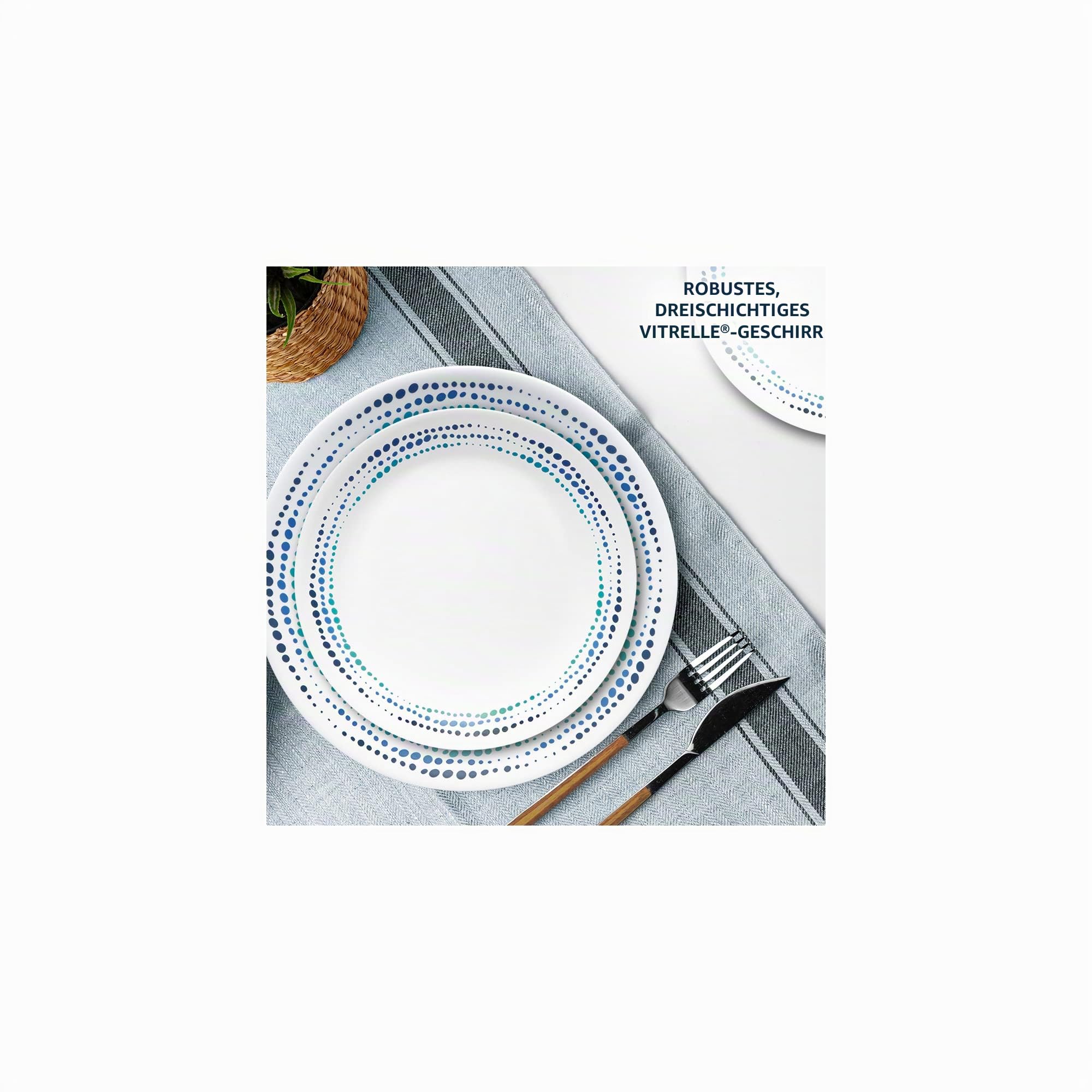 Corelle Ocean Blues 16-teilig, Service für 4, Geschirr-Set, 8 Teller, 8 Schüsseln, splitter- und bruchfest, Speiseteller und Speiseteller, Corelleware Teller, Weiß