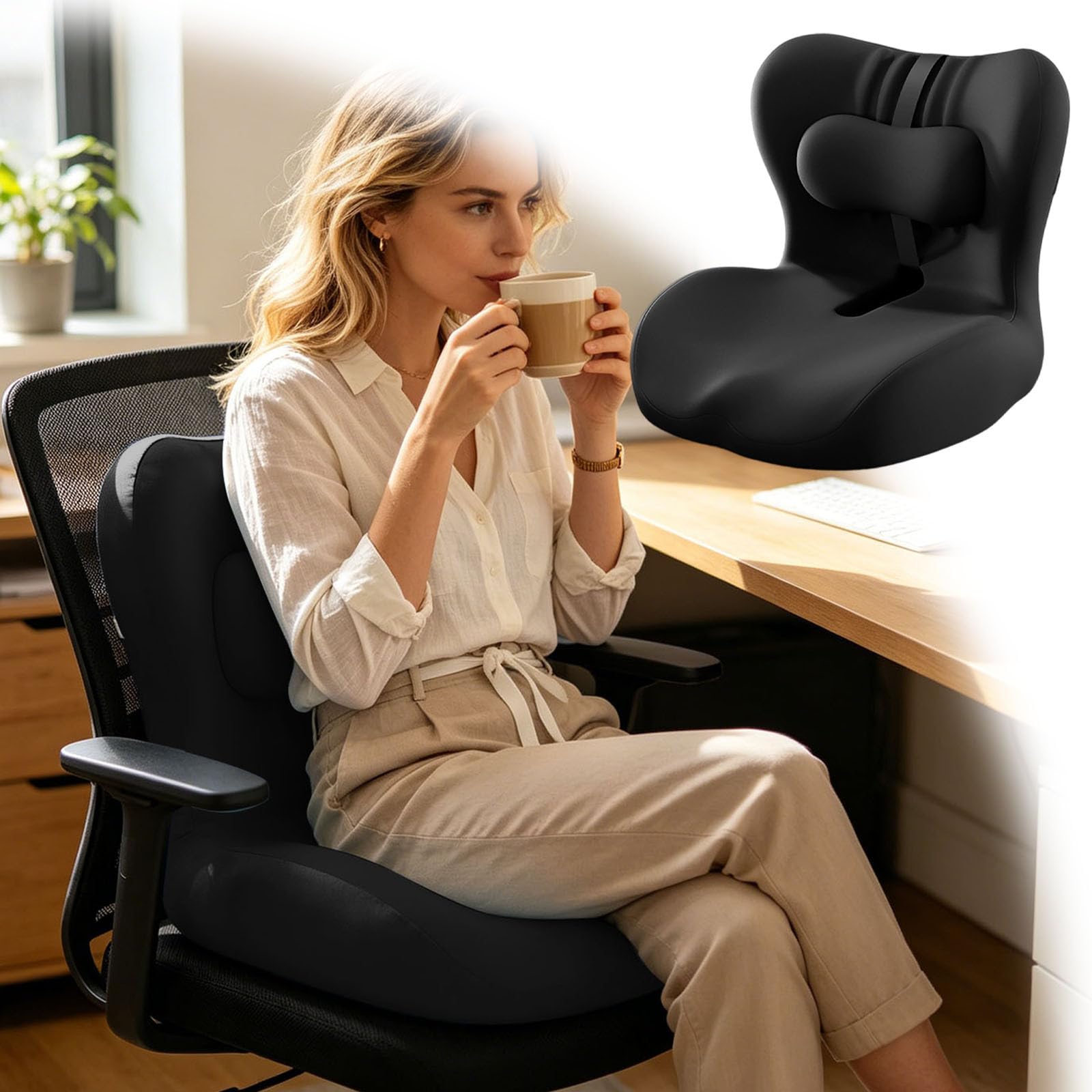 Generisch Cuscino integrato in memory foam a forma di L con supporto lombare, cuscino ortopedico per sedia da ufficio, schienale ergonomico per casa, auto, sedie a rotelle e sedie da ufficio (nero)