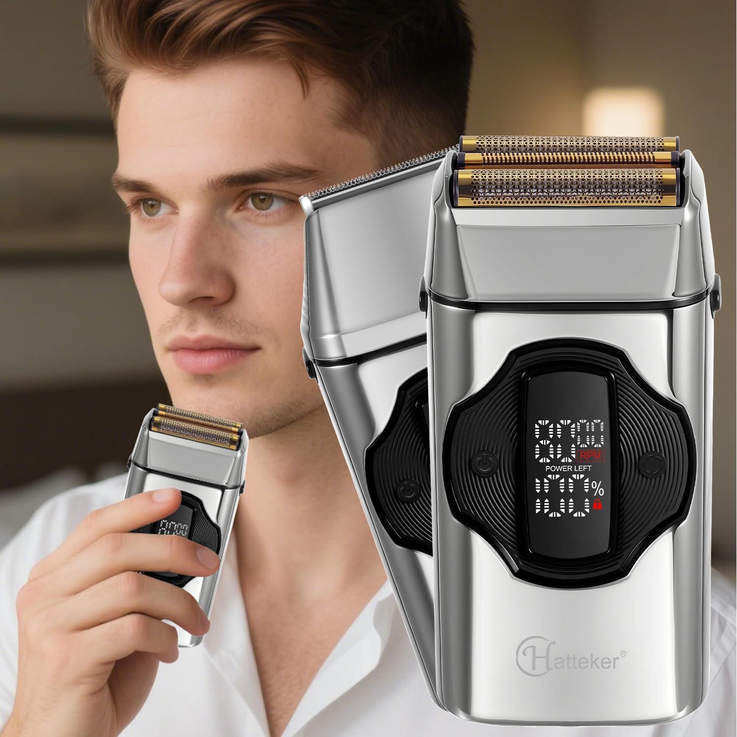 Hatteker Elektrorasierer 2-in-1 für Herren, Blattrasierer und Kreuzschneider, mit magnetischer Adsorptionskopf, abnehmbarer Kreuzschneiderkopf, IPX7 wasserdicht für trockene und feuchte Rasur (Silber)