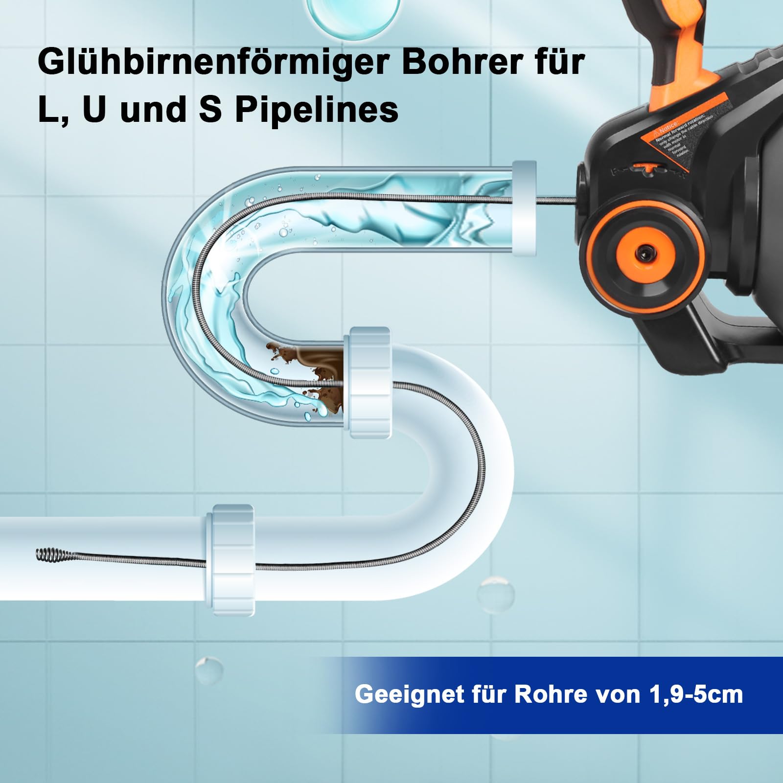 18V Akku-Rohrreiniger mit 7,6m Reinigungsspirale, Abflussreiniger Spirale für 18-65mm Rohrverstopfungen (Kommt mit Batterie und Ladegerät bei Lieferung)