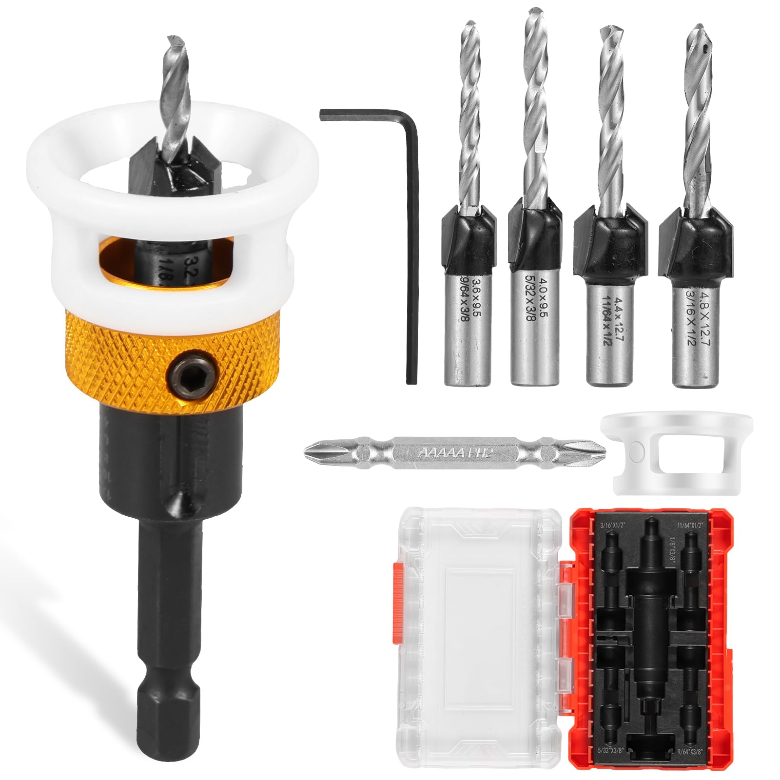 Carbide Tipped Countersink Drill Bit Set with Adjustable Depth Stop Quick Change Countersink Drill with Replaceable Drill Bits Countersink Drill Bit