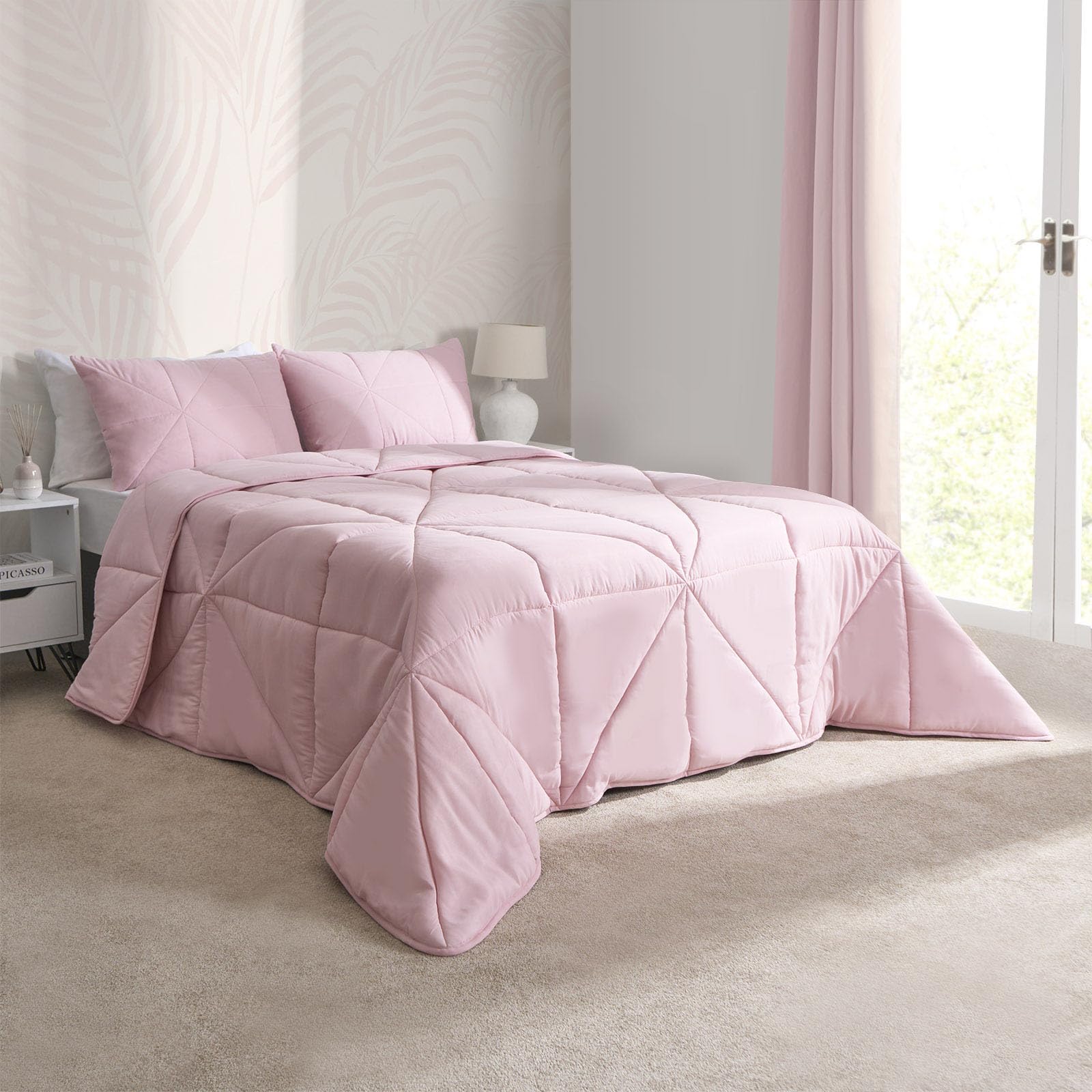 OHS Summer Duvet Single 7.5 Tog, Coverless Duvet Soft Warm Microfibre Blush Pink Quilted Geometric Pattern Comfortable Washable Single Bed Duvets & Pillowcase