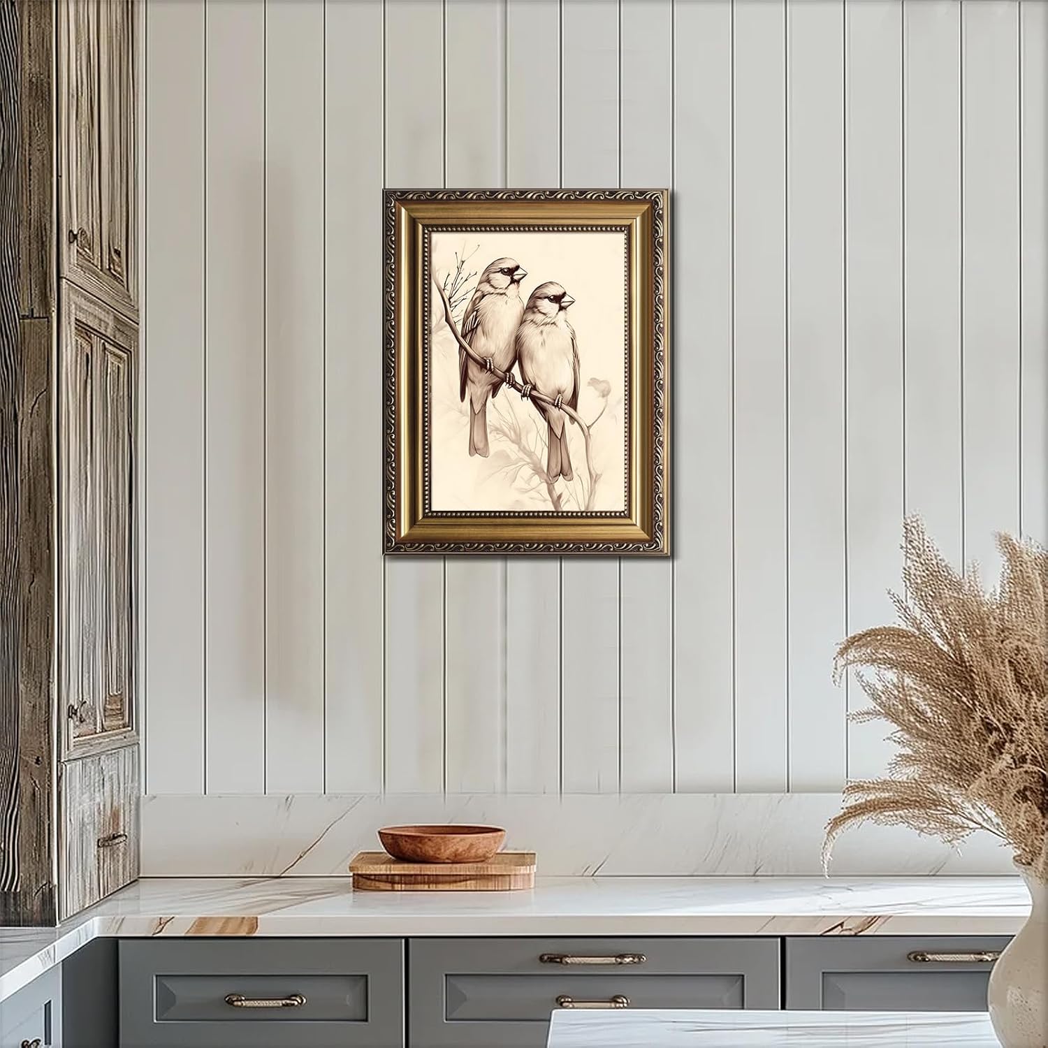 12x16 Inch Gold Framed Canvas Wall Art Vintage Sparrow Painting, Romantic Bird Illustration Bird Wall Decor for Farmhouse Kitchen Decor, Desktop Display