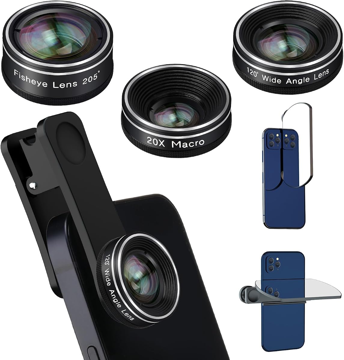 Lente de cámara de teléfono, lente ojo de pez 198 + lente súper gran angular 120 + lentes macro 20x Kit de accesorios de fotografía para cámara Gadgets para iPhone Samsung Android Smartphone