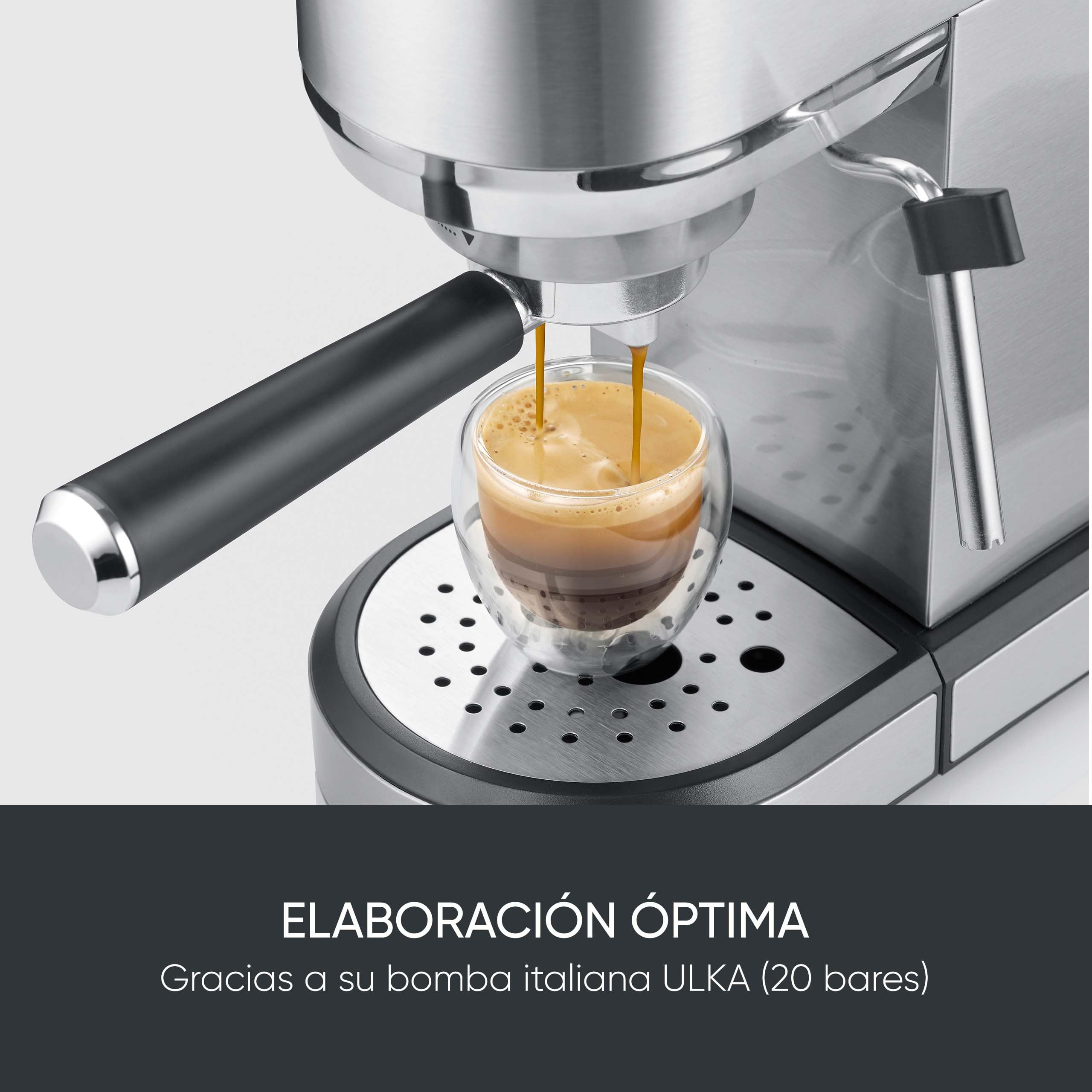 SEVERIN Cafetera espresso ‘Newspresa’, bomba ULKA de 20 bares, boquilla para espumar leche, depósito de agua de 1 litro, para una o dos tazas, color plata, acero inoxidable, 1350 W, KA 5997