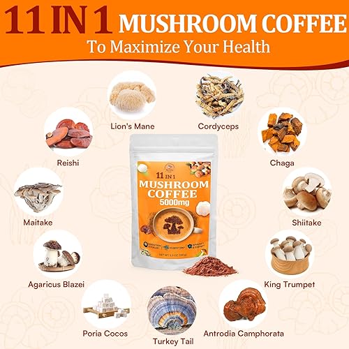 Miniatura 3 de Café de hongos Café de hongos orgánico con 11 hongos superalimentos, incluye melena de león, reishi, chaga, cordyceps y adaptógenos, suplemento de