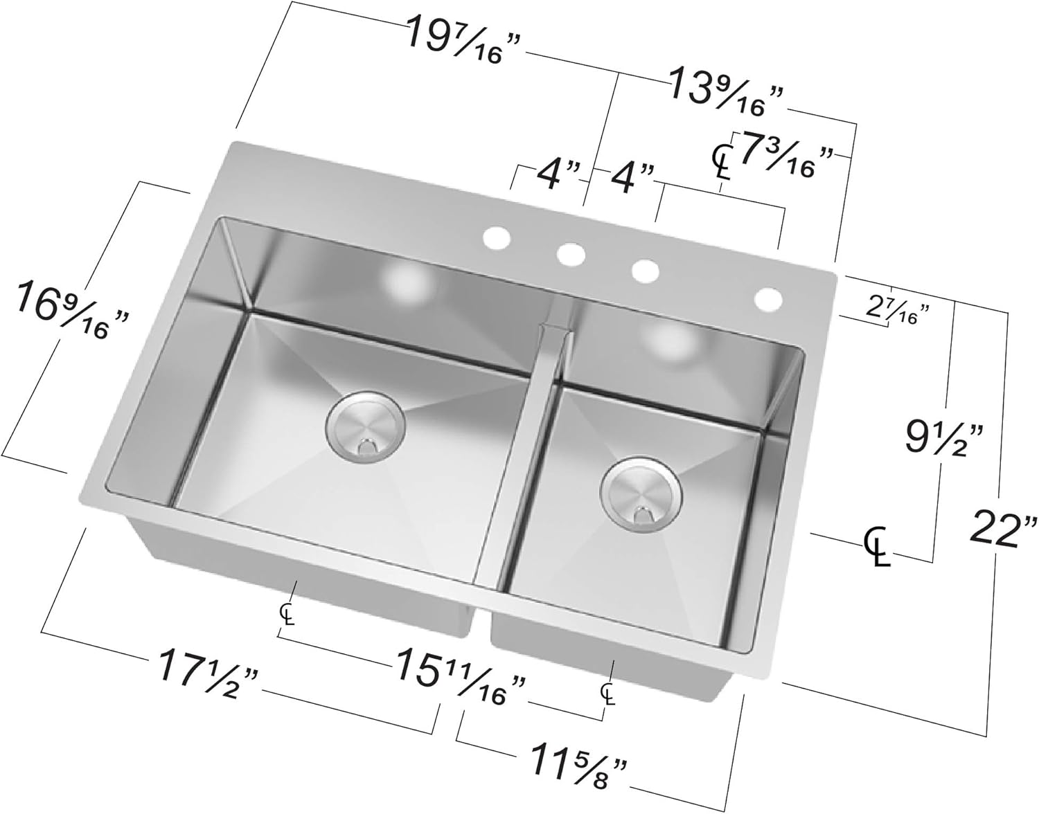 Transolid DTDO332210-MR2 Diamond 2-Hole Dual Mount 60/40 Double Bowl 16-Gauge Stainless Steel Kitchen Sink, 33-in x 22-in x 10-in, Brushed Finish