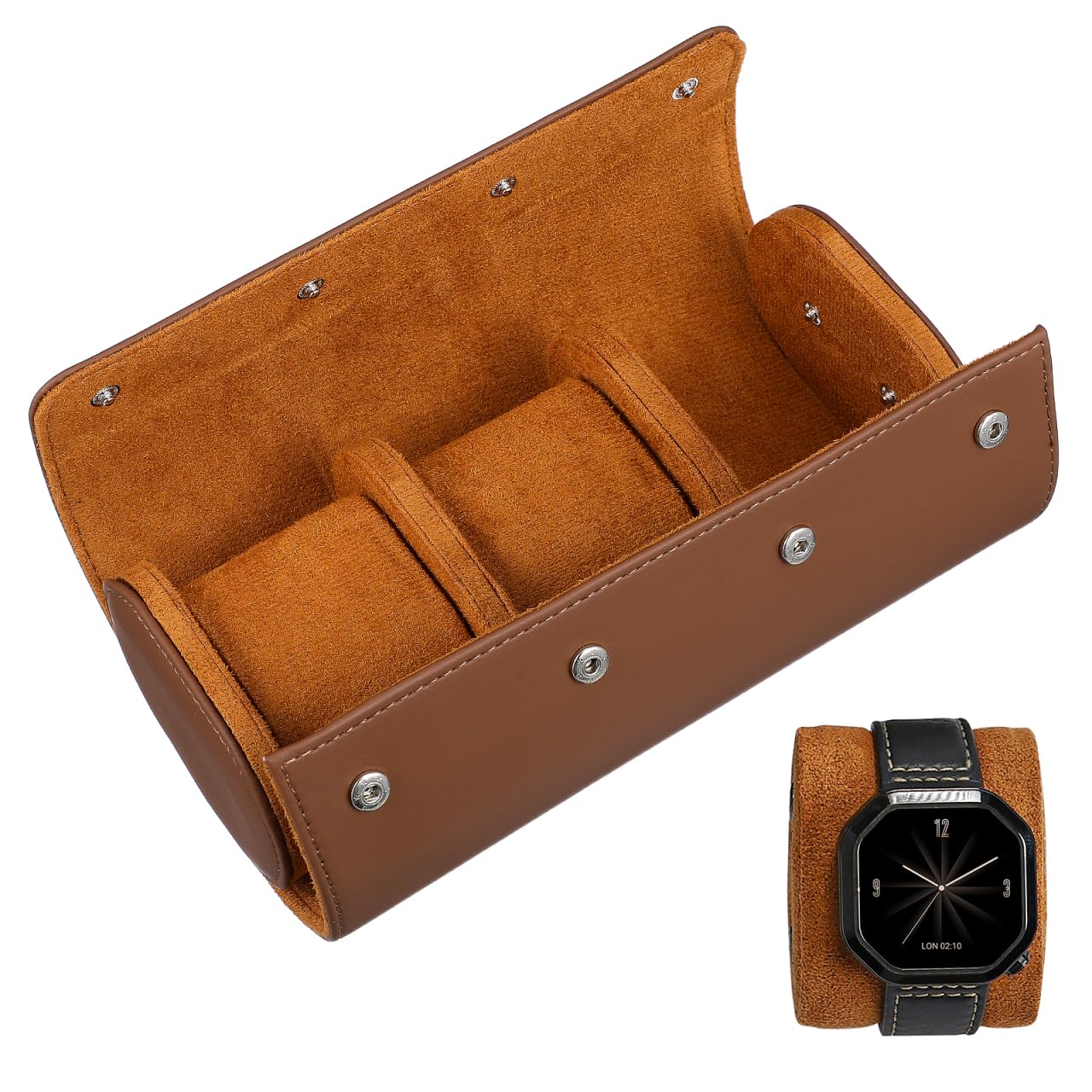 iplusmileWatch Box for Men - Watch Roll Case 3 Slot Leather Watch Case Organizer - Elastic PU Material Vintage Display Case Storage for Watch Jewelry