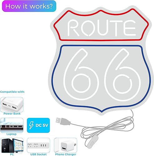 Miniatura 3 de Route 66 Letrero de neón histórico de Estados Unidos High Way acrílico LED para decoración de pared de dormitorio, luz de neón azul, sala de juegos,