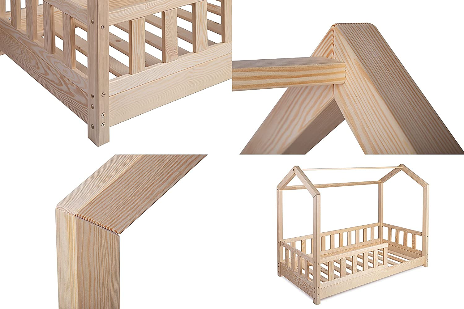 Kinderbett Bett Hausbett 90x200 mit Rausfallschutz Latternost Bettgestell aus Kiefer Holz für Haus Kinder Jungen & Mädchen - Holzbett Baby Kinderzimmer Junge Deko (Rausfallschutz: MIT)