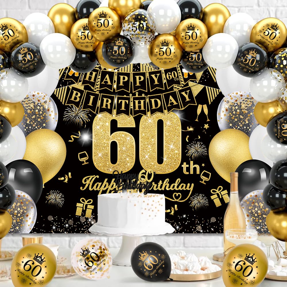 50 Ans Décorations De Fête En Noir Or, Bannières De Joyeux Anniversaire