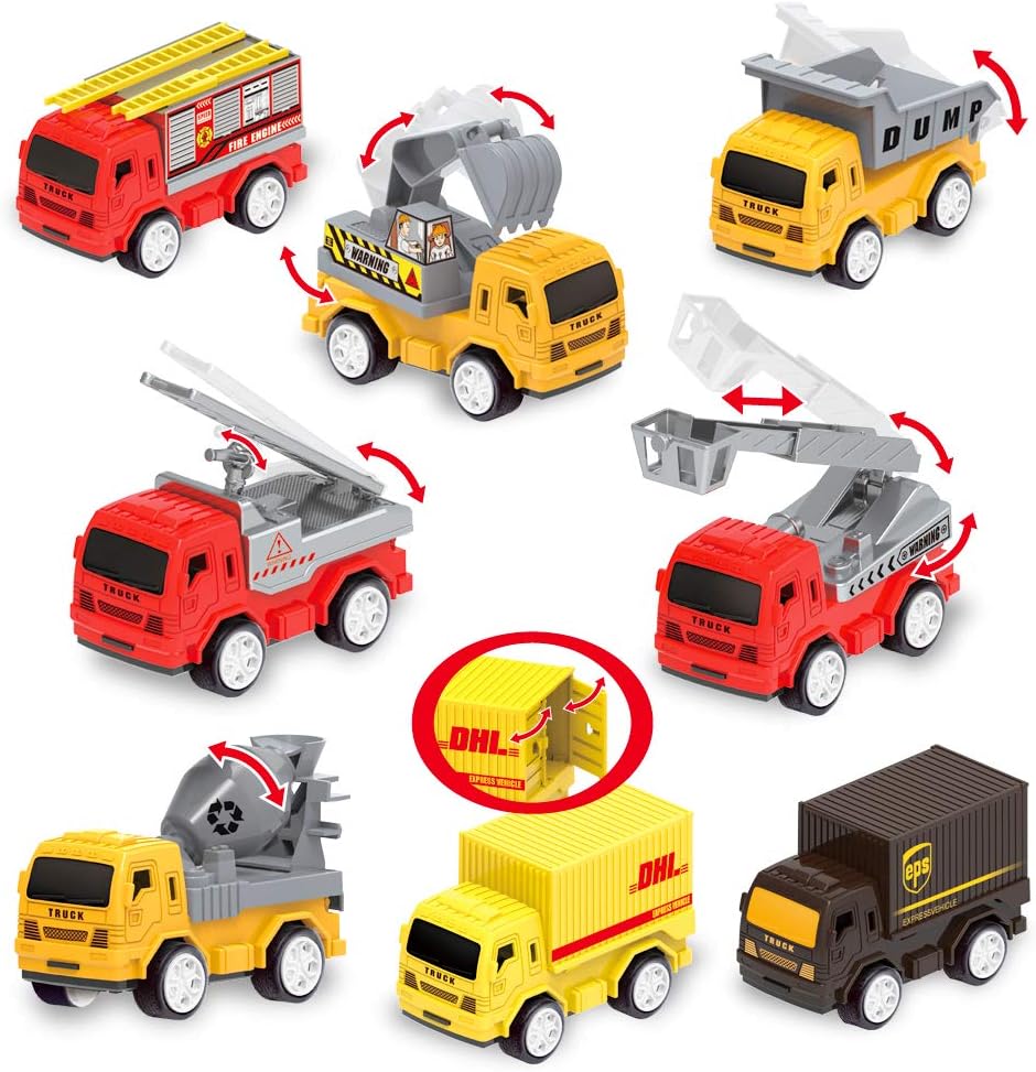 Engineering Construction Vehicles Toys with Play Mat, Toy Trucks, Mini Pull Back Cars Playset, Dump Truck, Excavator, Cement, Fire Engines, Delivery Trucks, Toy Gifts for Boys, Girls, Toddlers & Kids