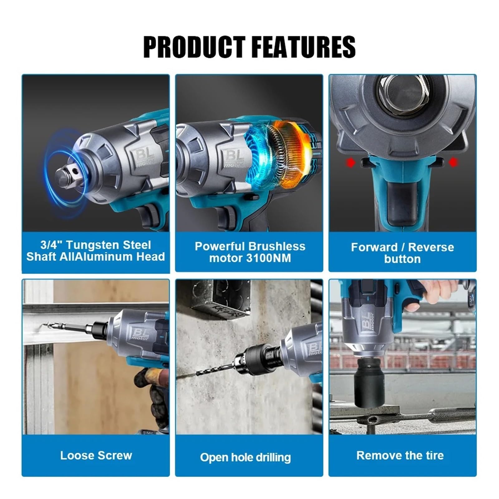 Llave de Impacto Llave Eléctrica Sin Escobillas De 3100NM, Llave De Impacto Inalámbrica De 3/4 Pulgadas, Herramienta Eléctrica De Mano For Batería De 18v(2x9.0Ah 38mm Battery)