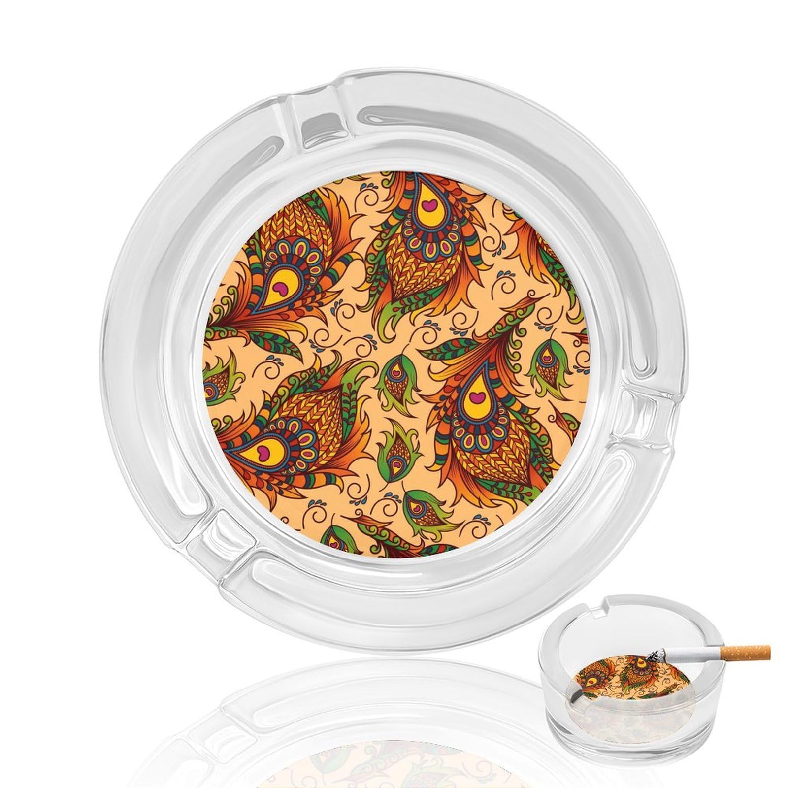 Colorful Mandala Pattern283 Glass Ashtray 3.3 Inch Round Cigarette Ash Holder with 4 Grooves for Home Office Outdoor One Size