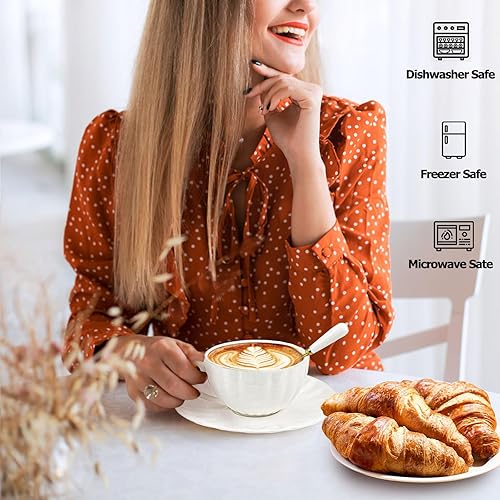 Miniatura 6 de Yesland Juego de 6 tazas y platillos de té real, juego de té de porcelana blanca de 8 onzas y tazas de café británicas, tazas de café con leche