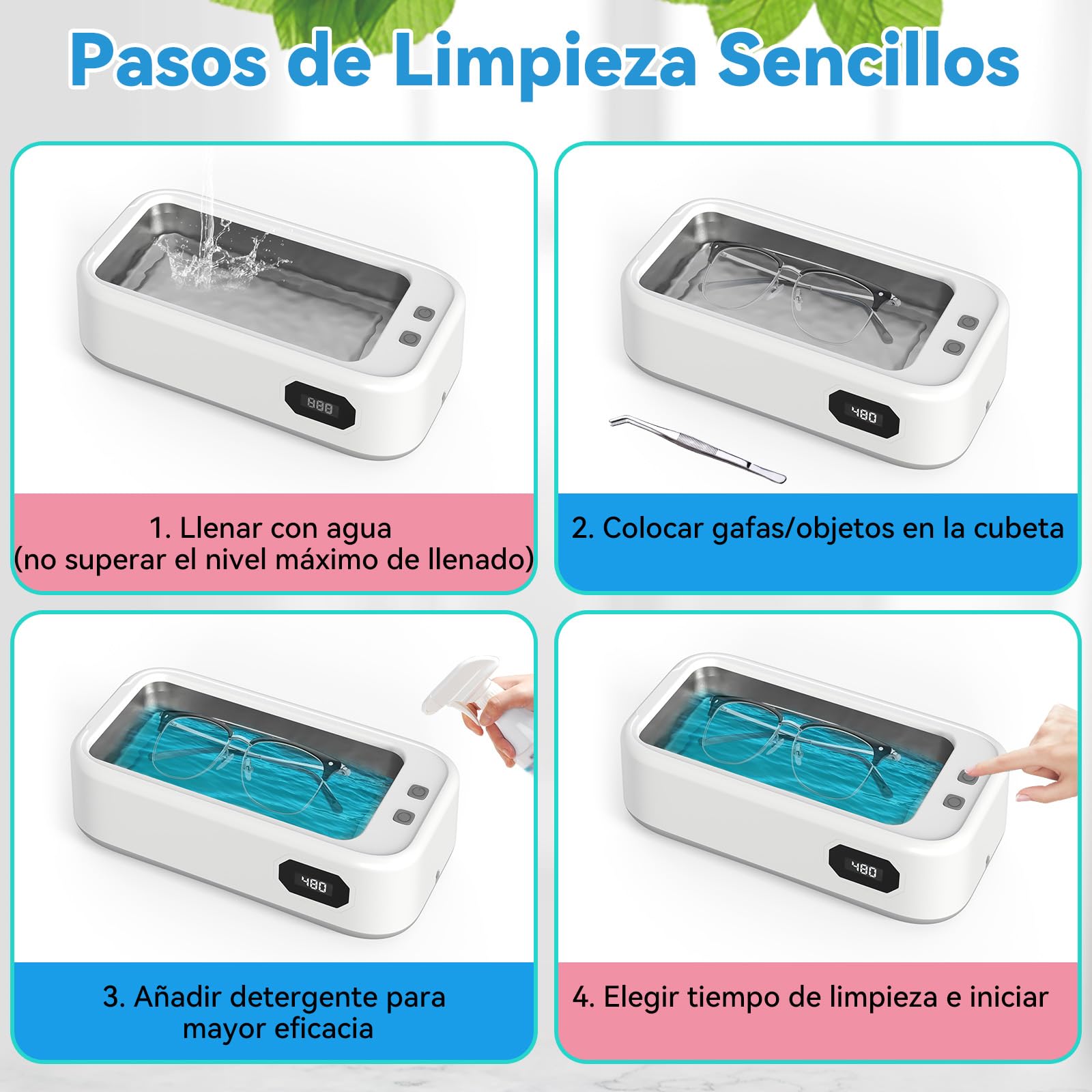 limpiador ultrasonidos 49kHz 640ml, ultrasonic cleaner digital 5 modos | portátil ultrasonidos limpieza para gafas, joyas, dentaduras