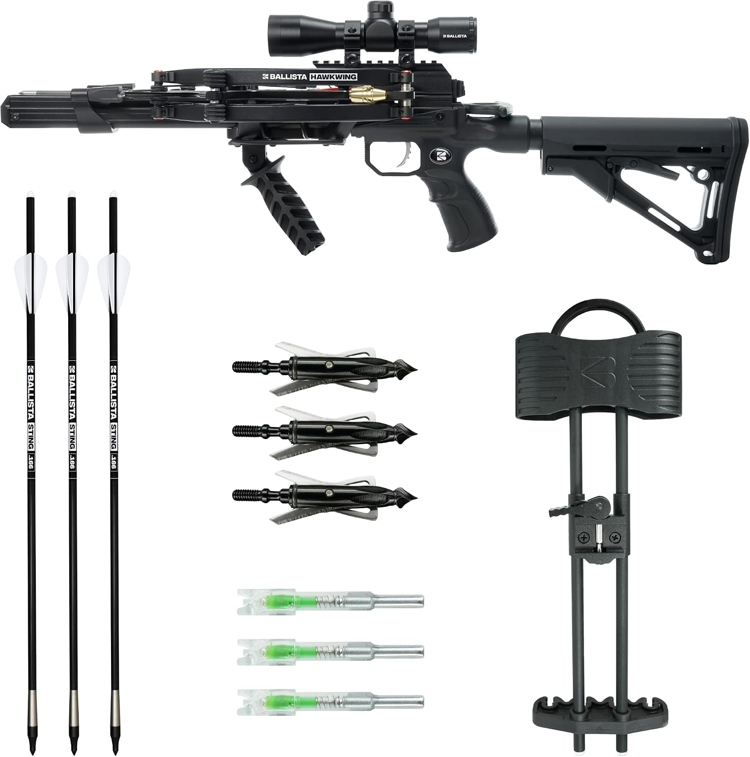 BALLISTA Hawkwing Big Game Hunting Bundle, 500 FPS Press-Free Crossbow T-Stock, 4x32 Scope, Sting 16" Bolts, Mechanical Broadheads, Lighted Nocks, Compact Hunting Setup, 19" Overall, 4.8 lb
