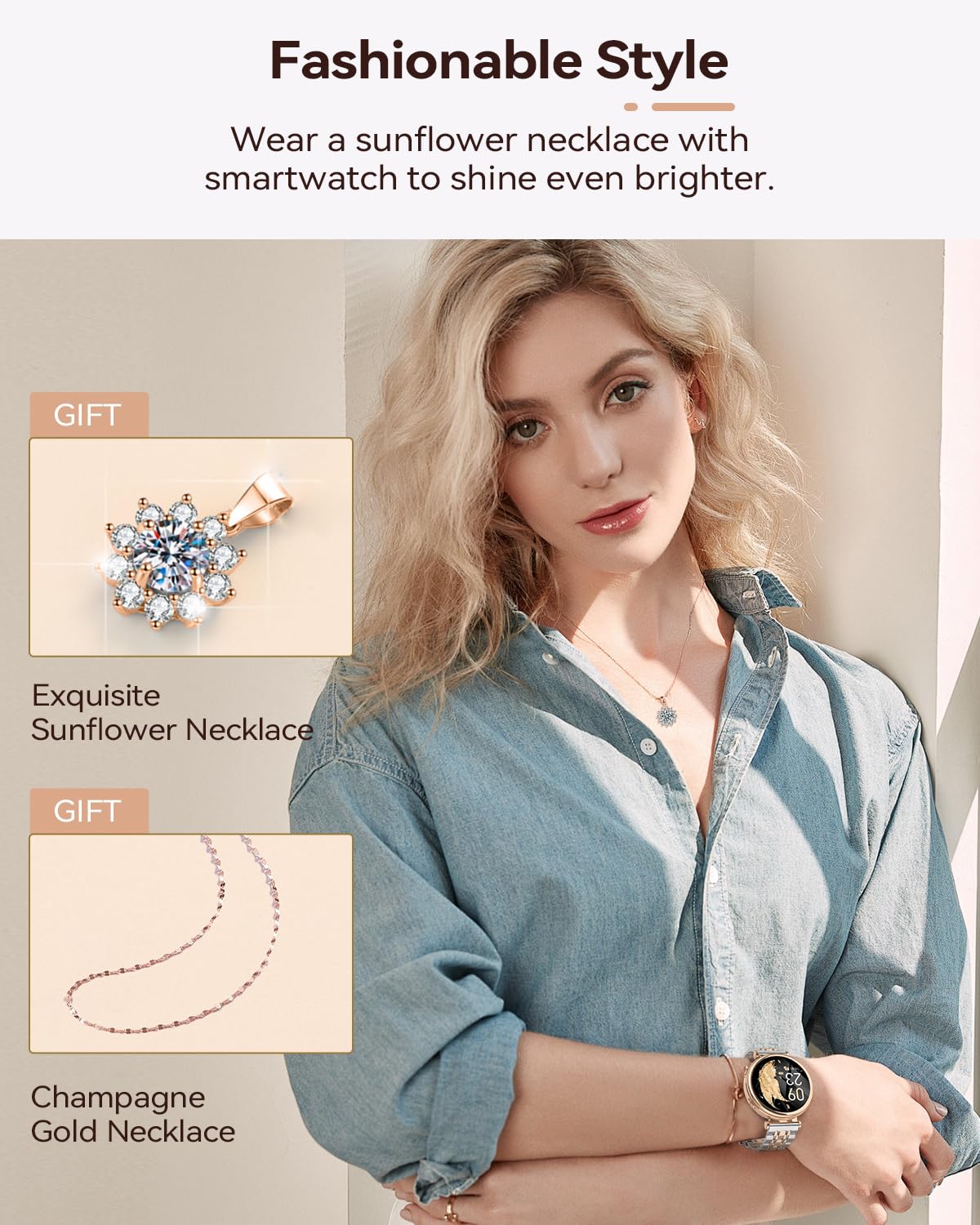 SWGOTA Smartwatch Donna con Chiamate, 1.27" Orologio Smartwatch con Fisiologia Femminile, 24H Cardiofrequenzimetro SpO2 Sonno, 120+ Sports Smart Watch Rotondo per Android iOS, Regalo Donna Oro Argento