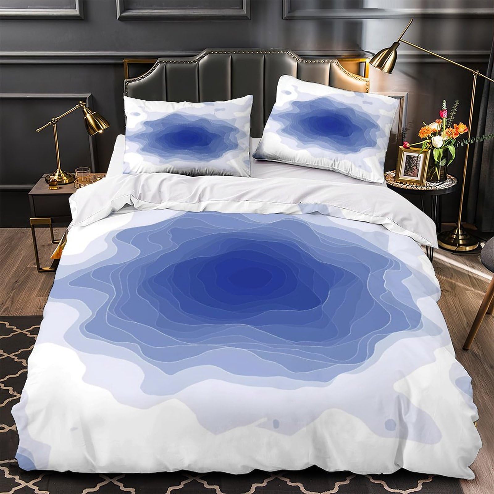 Housse de couette microfibre 140x200cm bleu profond à motif vague spirale en 3D