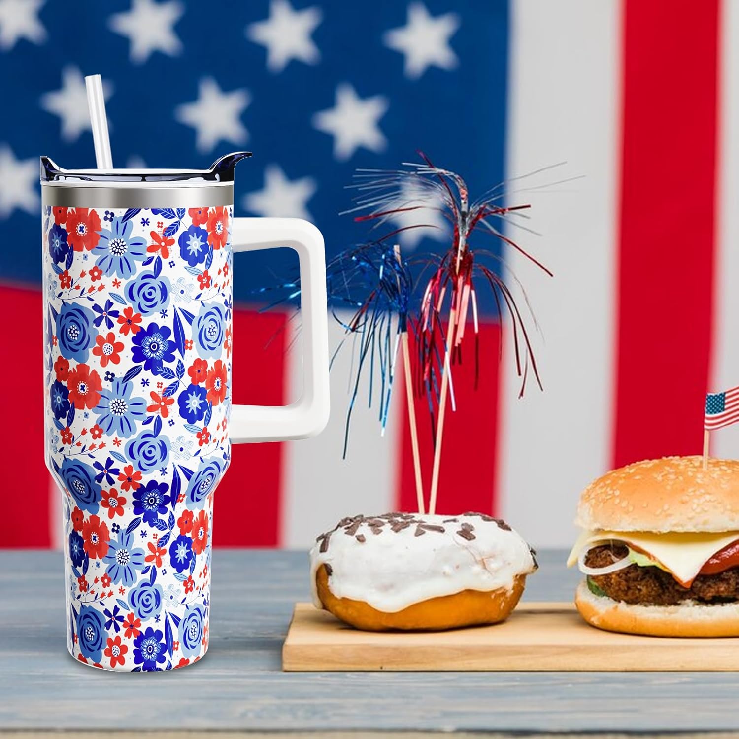 Red and Blue Floral Cup Gifts for Women Men, Patriotic 40oz Tumbler with Handle and Straw, 4th of July Flower Stainless Steel Insulated Water Bottle (1 PC) - Image 2