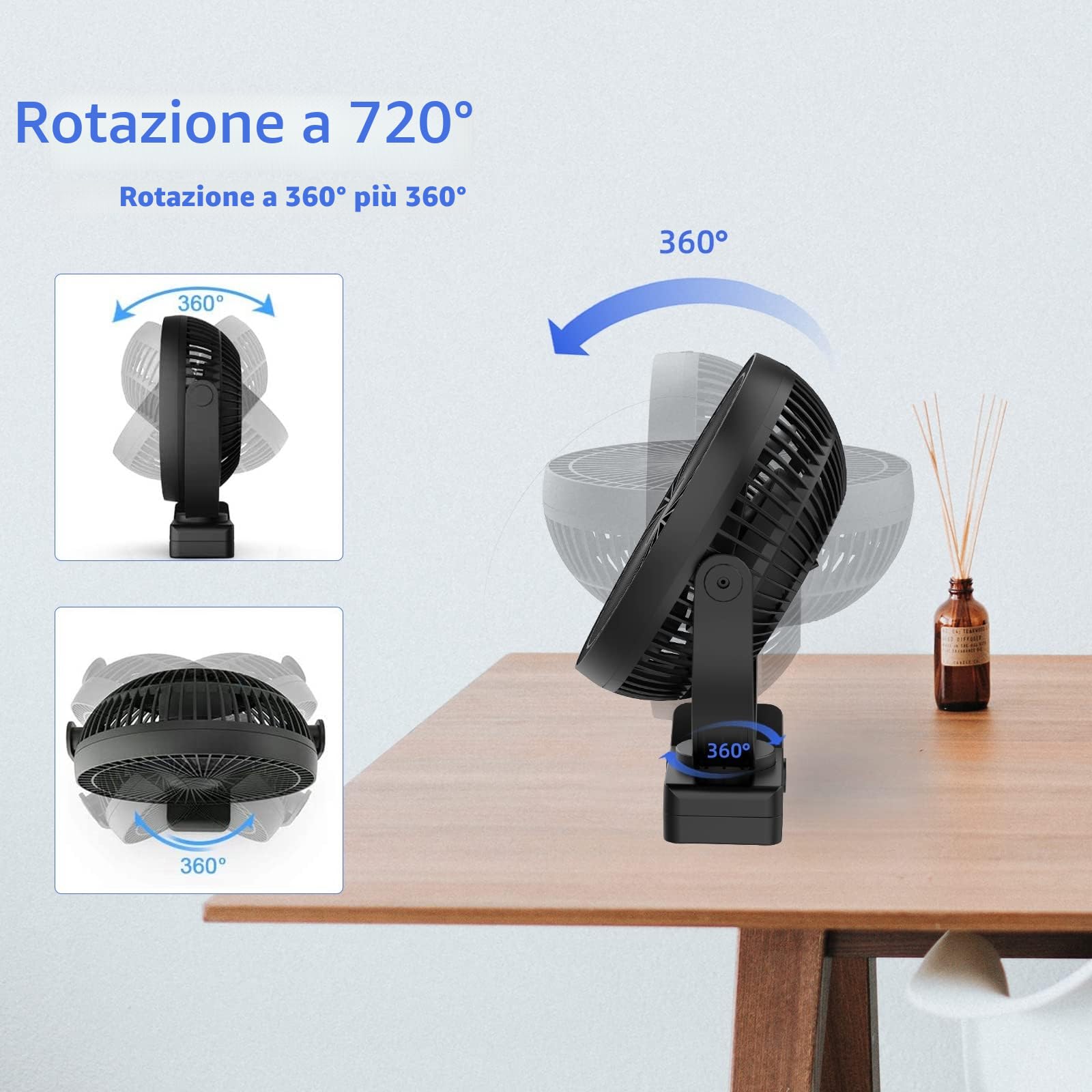ATEngeus Mini ventilatore USB 8 pollici con batteria 10000 mAh, portatile piccolo ventilatore da ufficio, 4 velocità, doppia rotazione a 360°, con cavo USB, adatto per famiglie, uffici