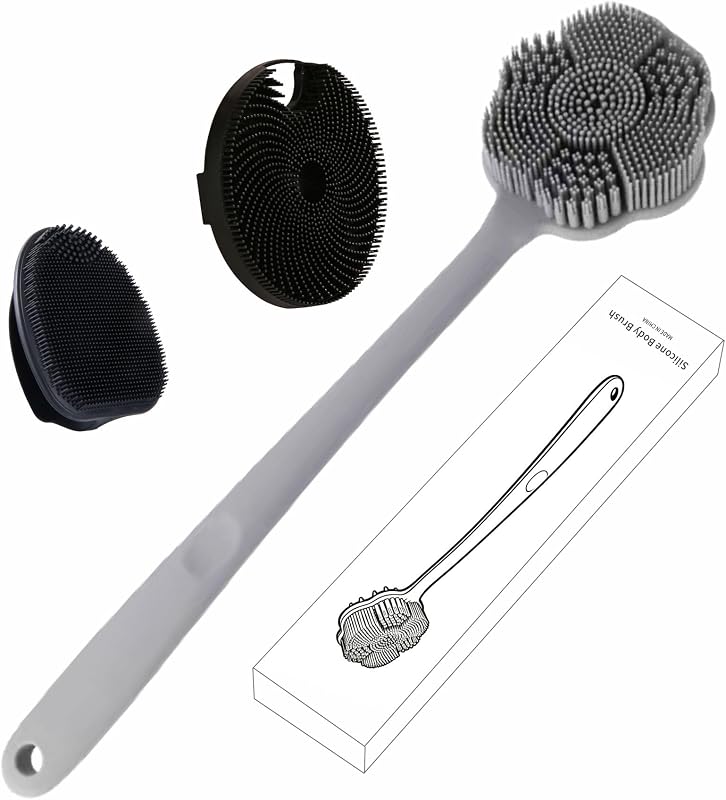Escova de silicone para banho HIEERBUS com cabo longo de 38,1 cm, dupla face, cinza, pacote com 3 unidades